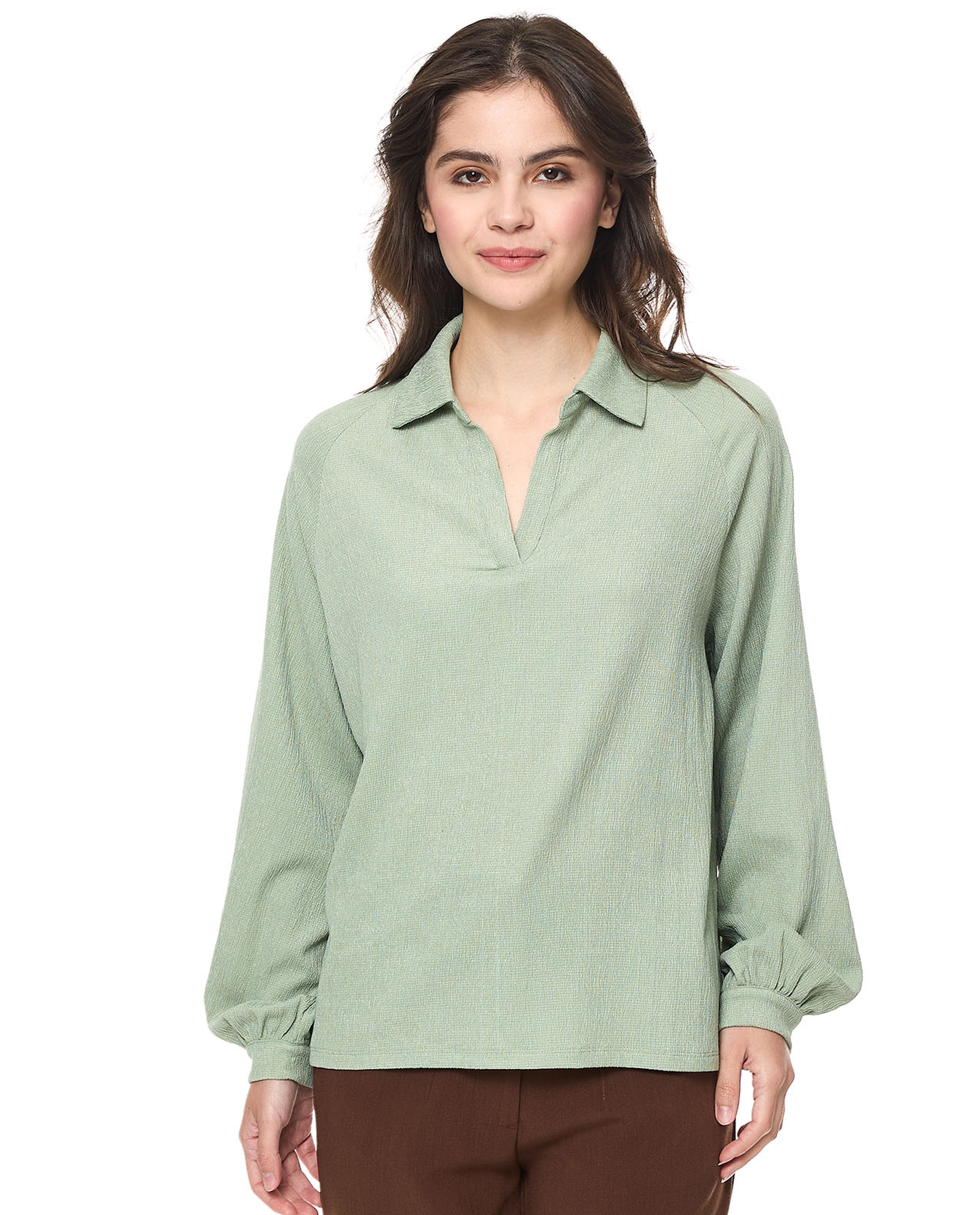 Textured Top with Spread Collar and Bishop Sleeves