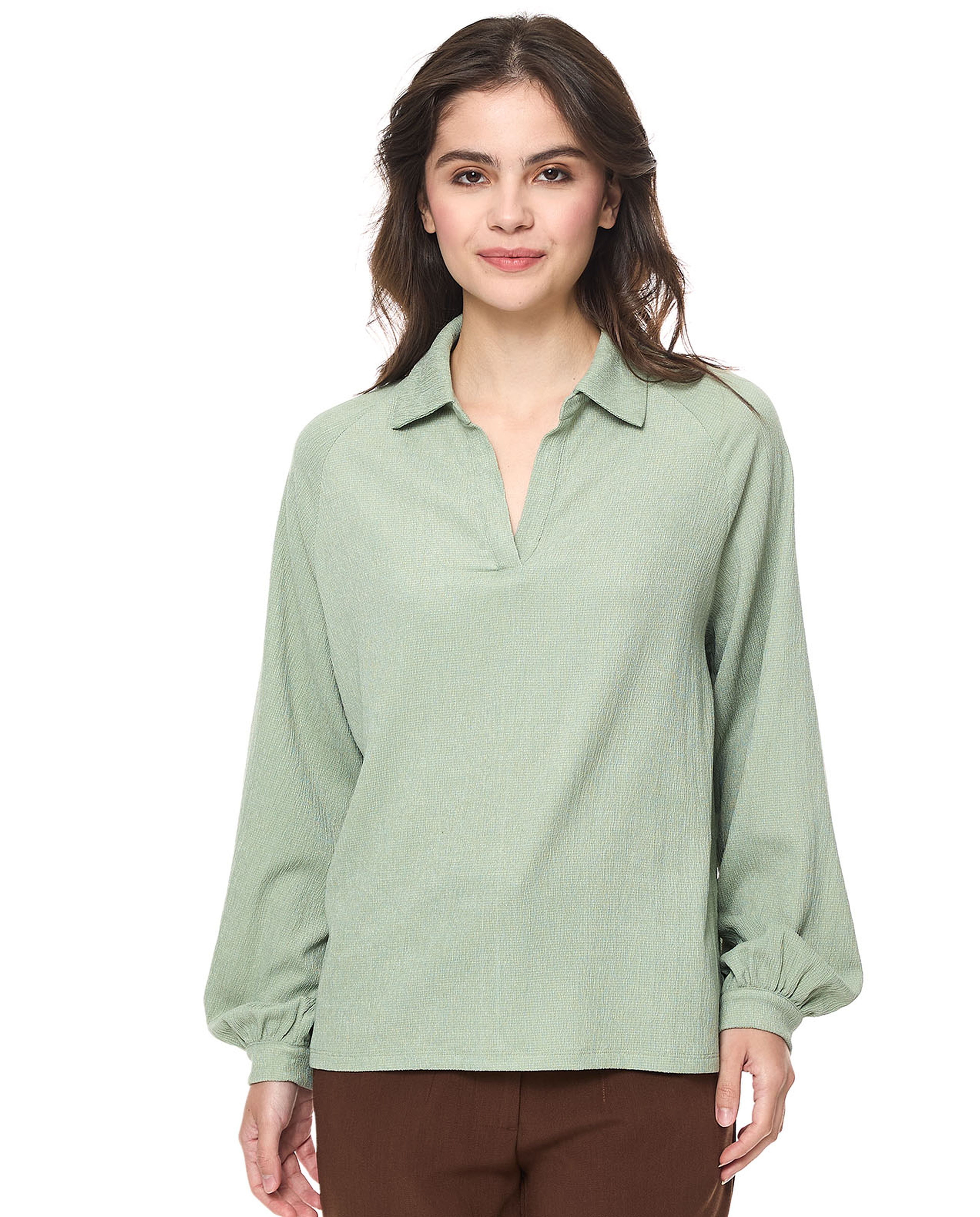 Textured Top with Spread Collar and Bishop Sleeves