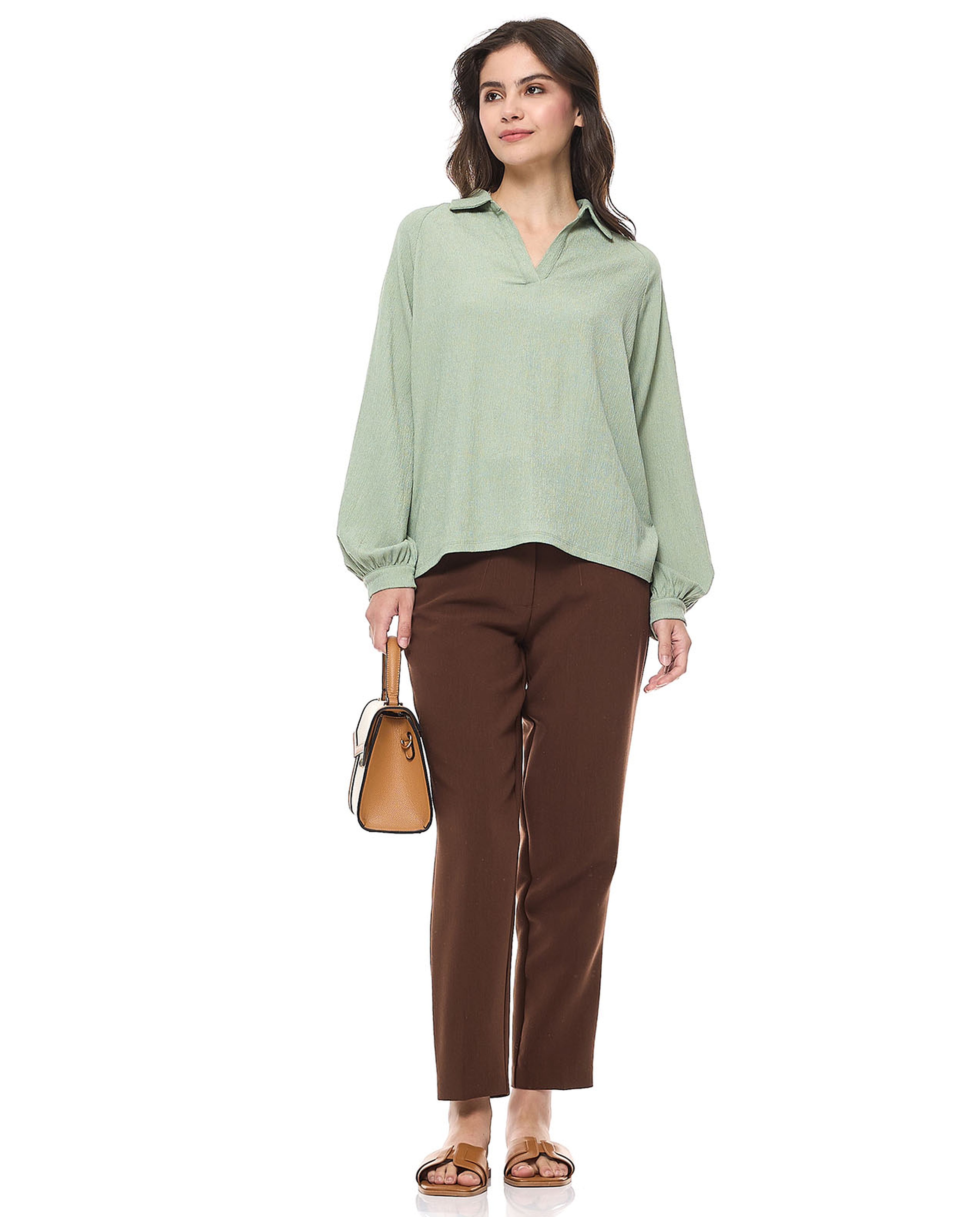Textured Top with Spread Collar and Bishop Sleeves