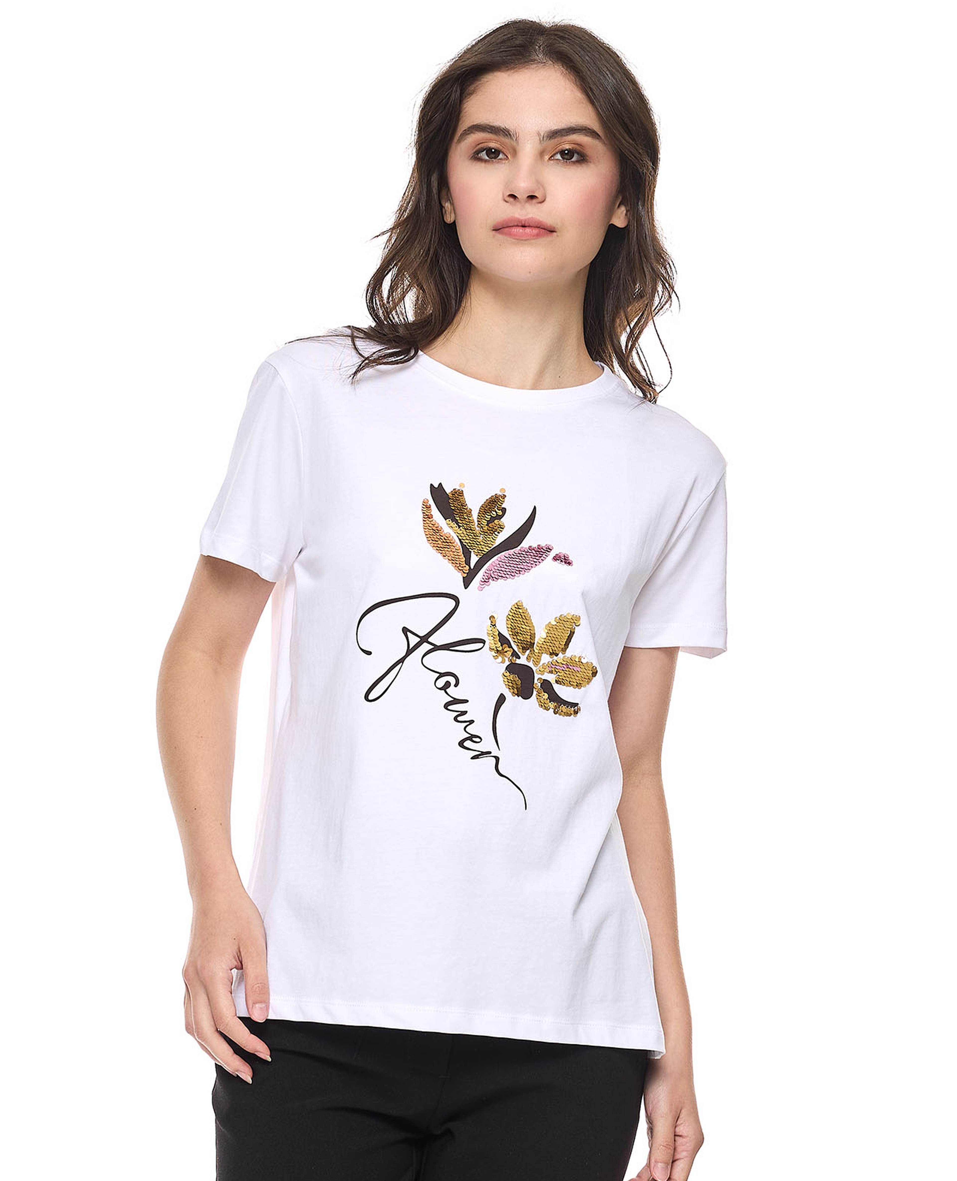 Sequins T-Shirt With Crew Neck and Short Sleeves