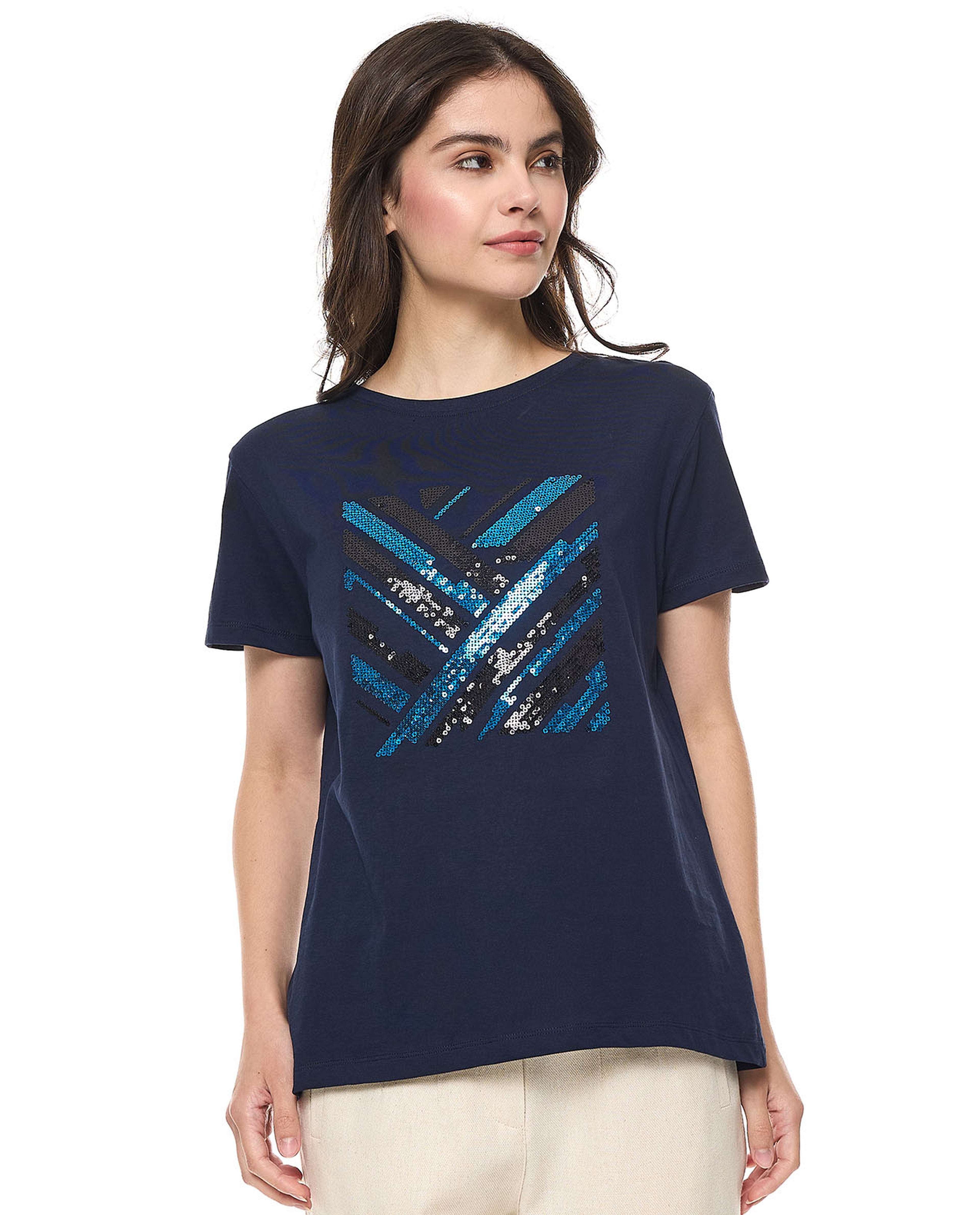 Sequins T-Shirt With Crew Neck and Short Sleeves