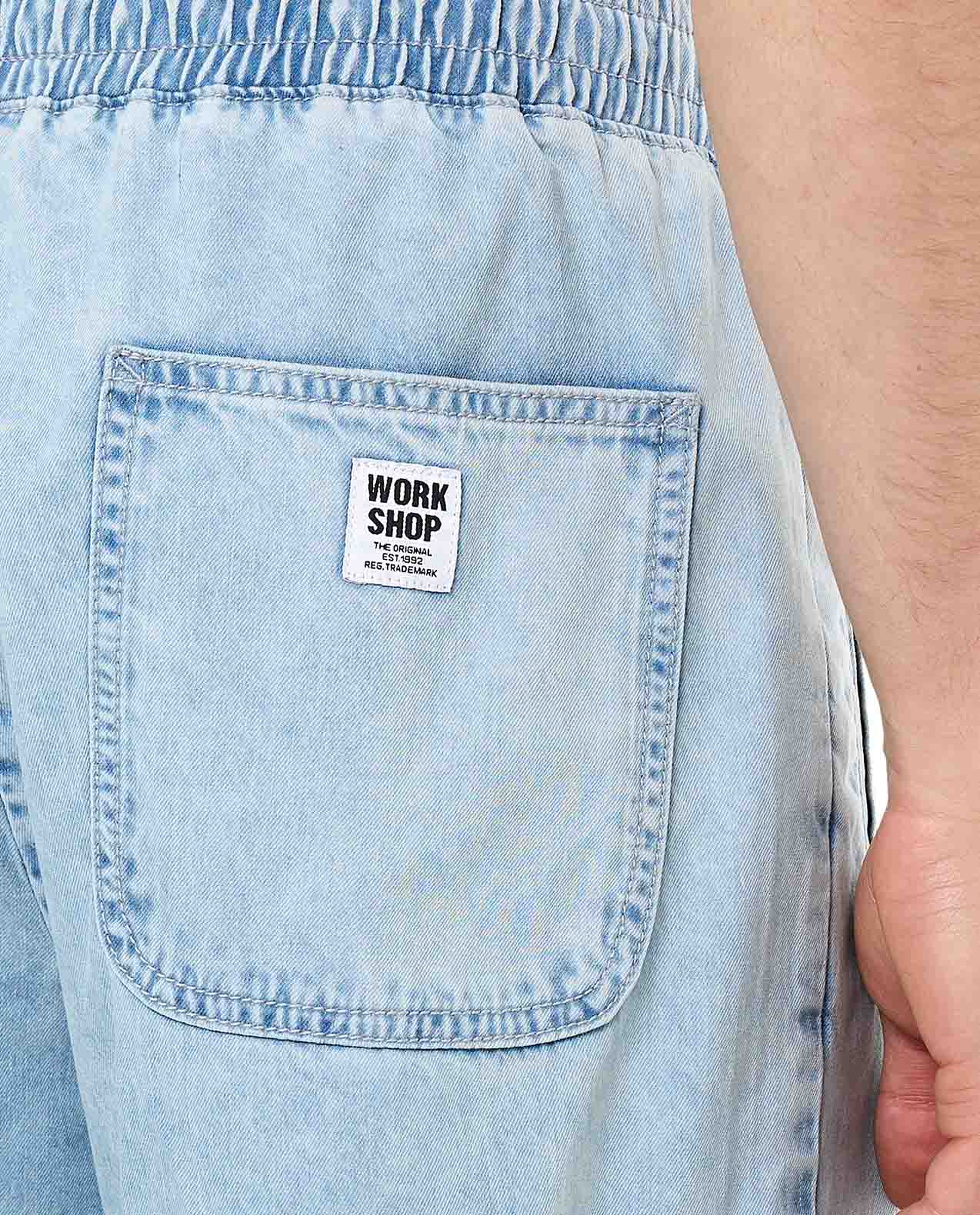 Washed Denim Shorts with Elastic Waist