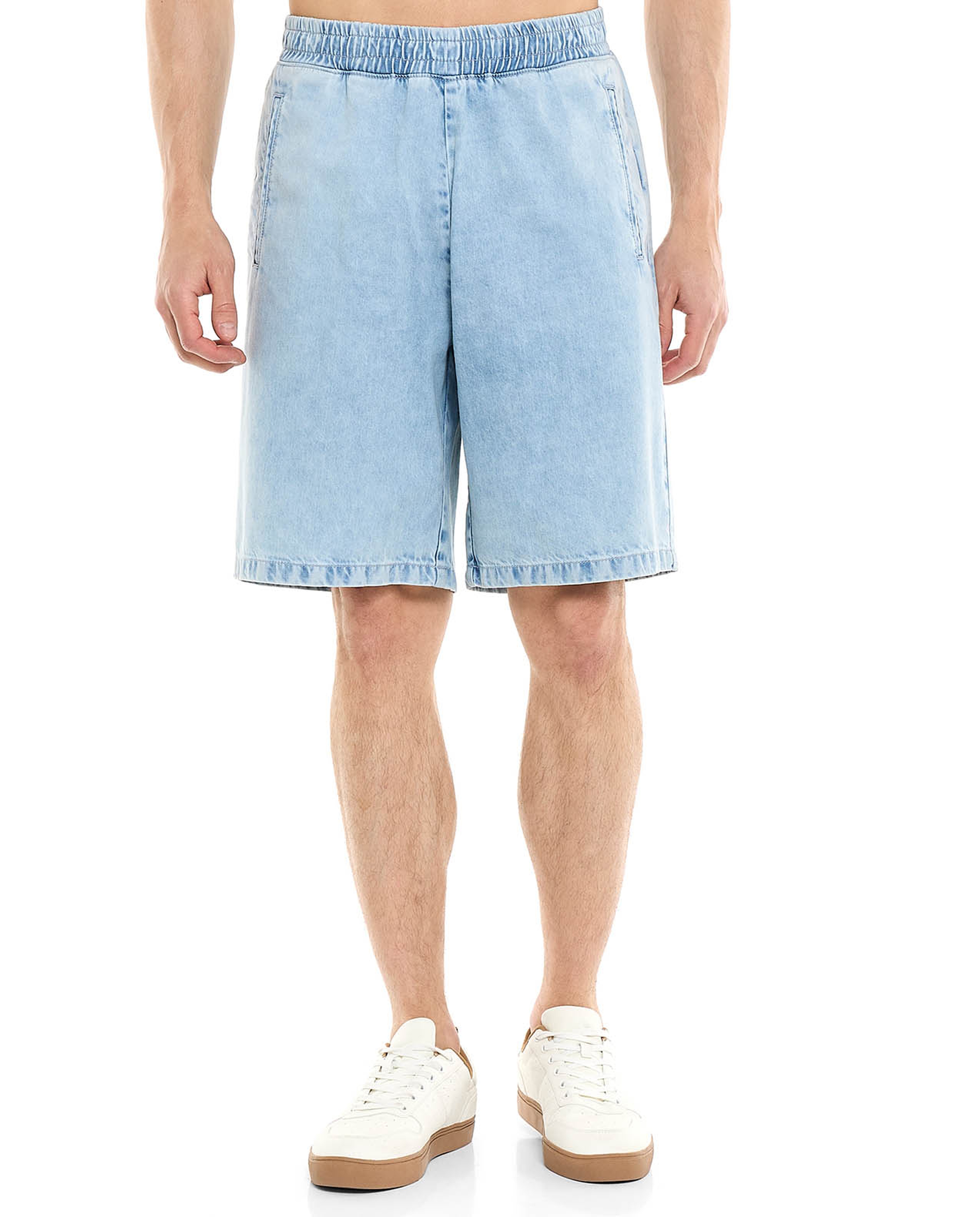 Washed Denim Shorts with Elastic Waist