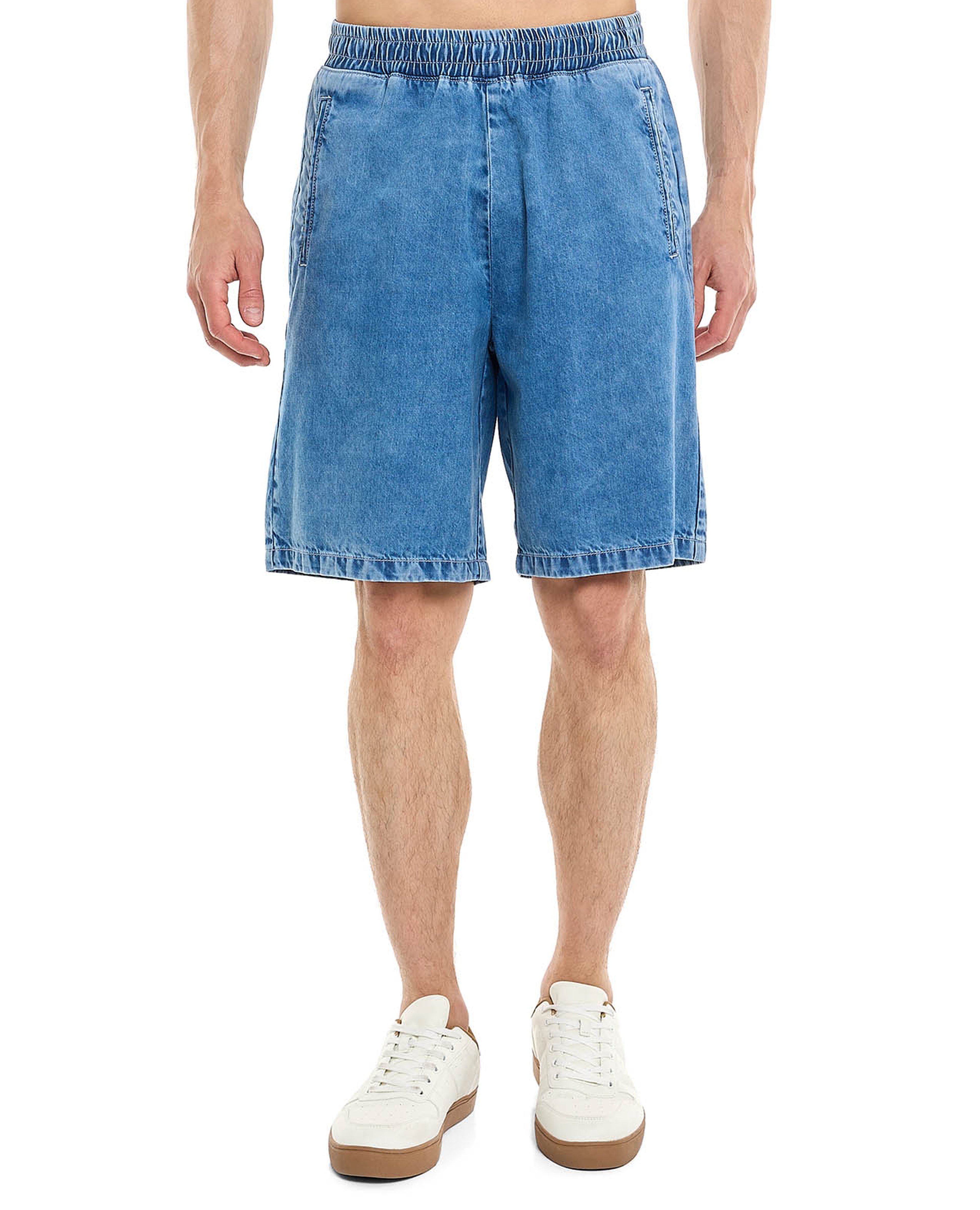 Washed Denim Shorts with Elastic Waist