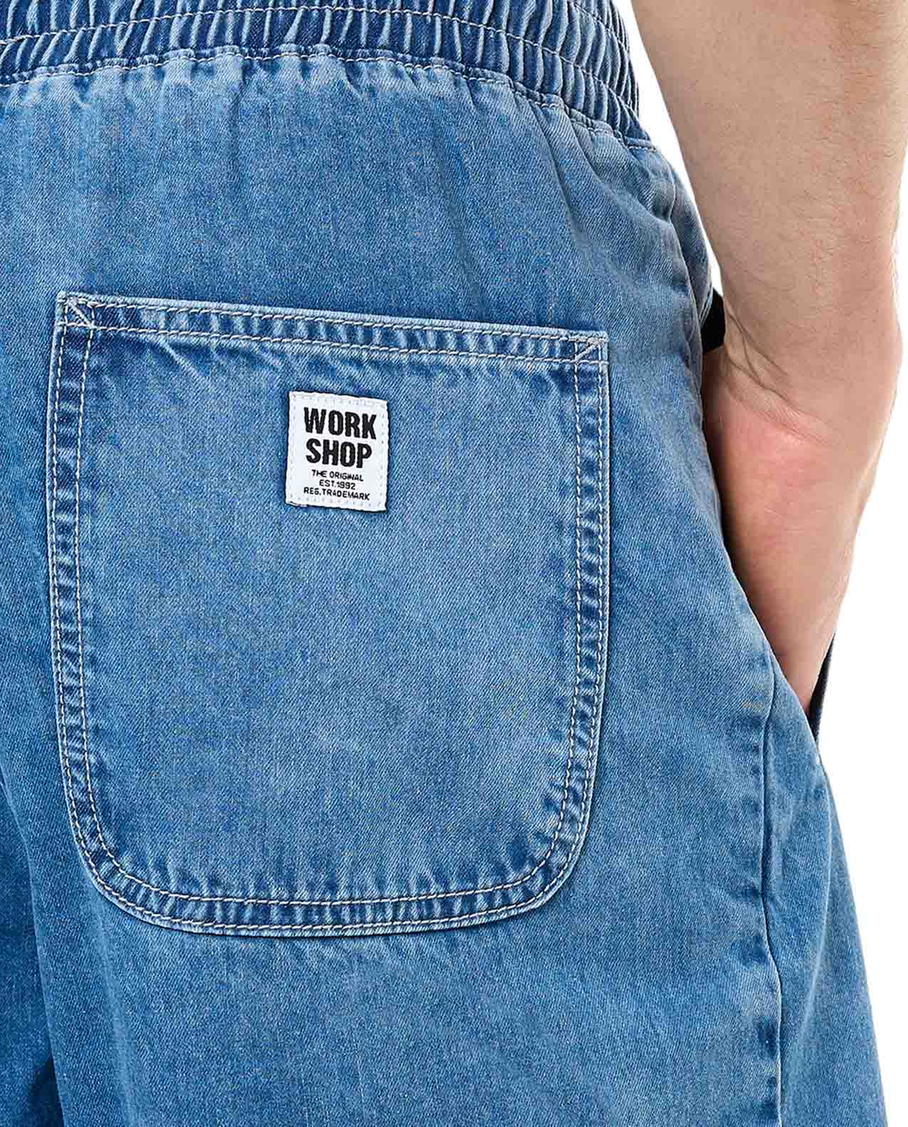 Washed Denim Shorts with Elastic Waist