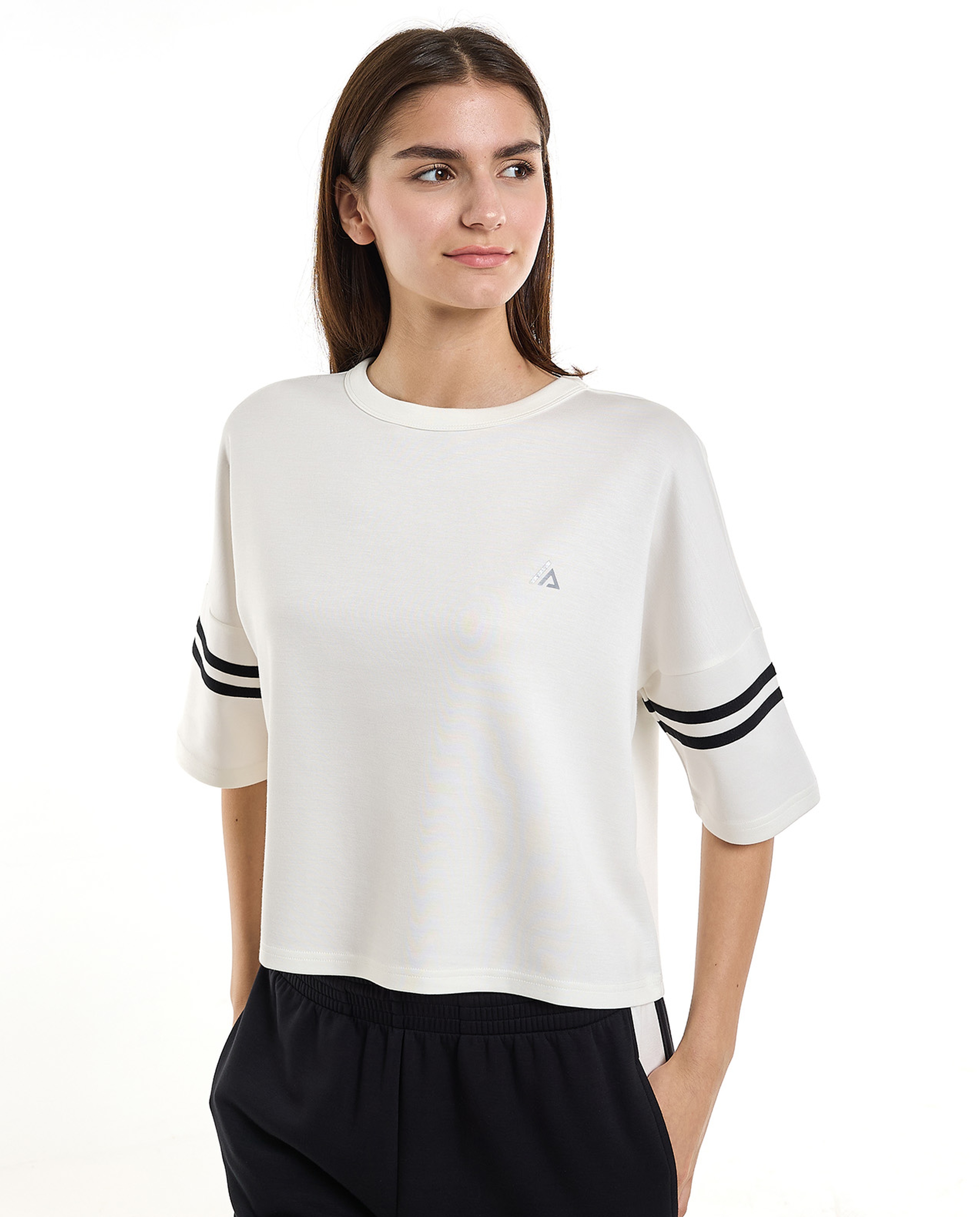 Stripe Detail Active T-Shirt with Crew Neck and Short Sleeves