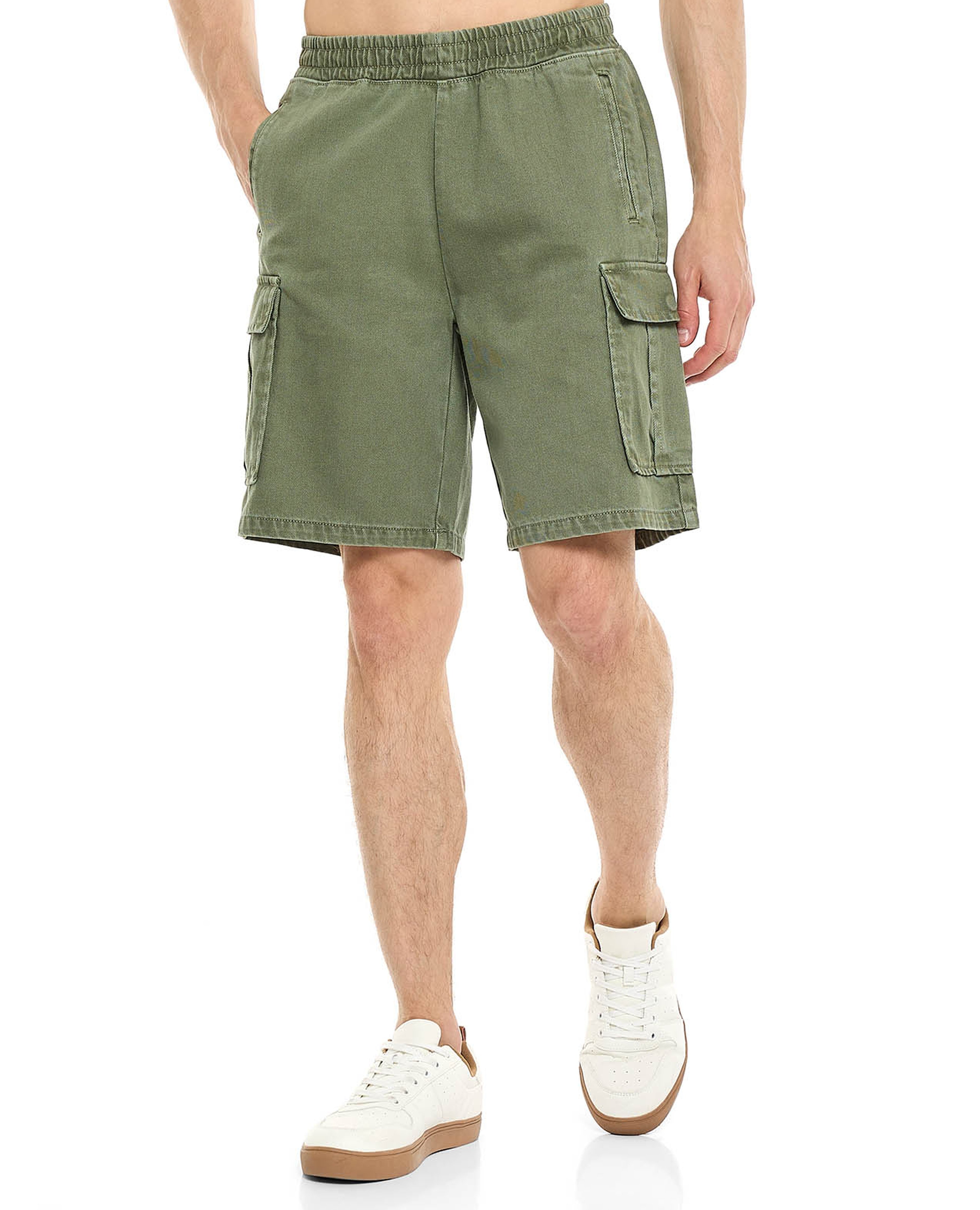 Washed Cargo Denim Shorts with Elastic Waist