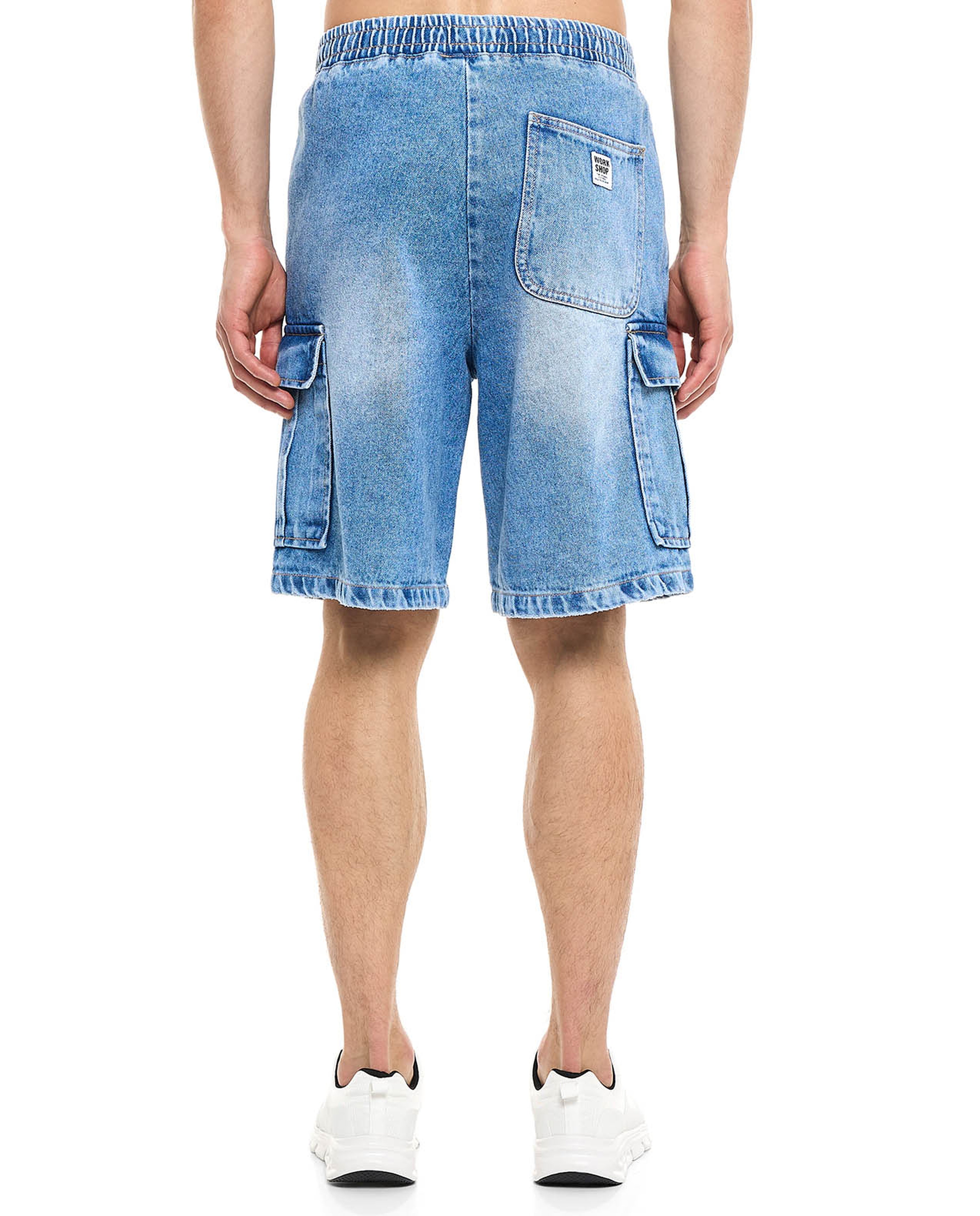 Faded Cargo Denim Shorts with Elastic Waist