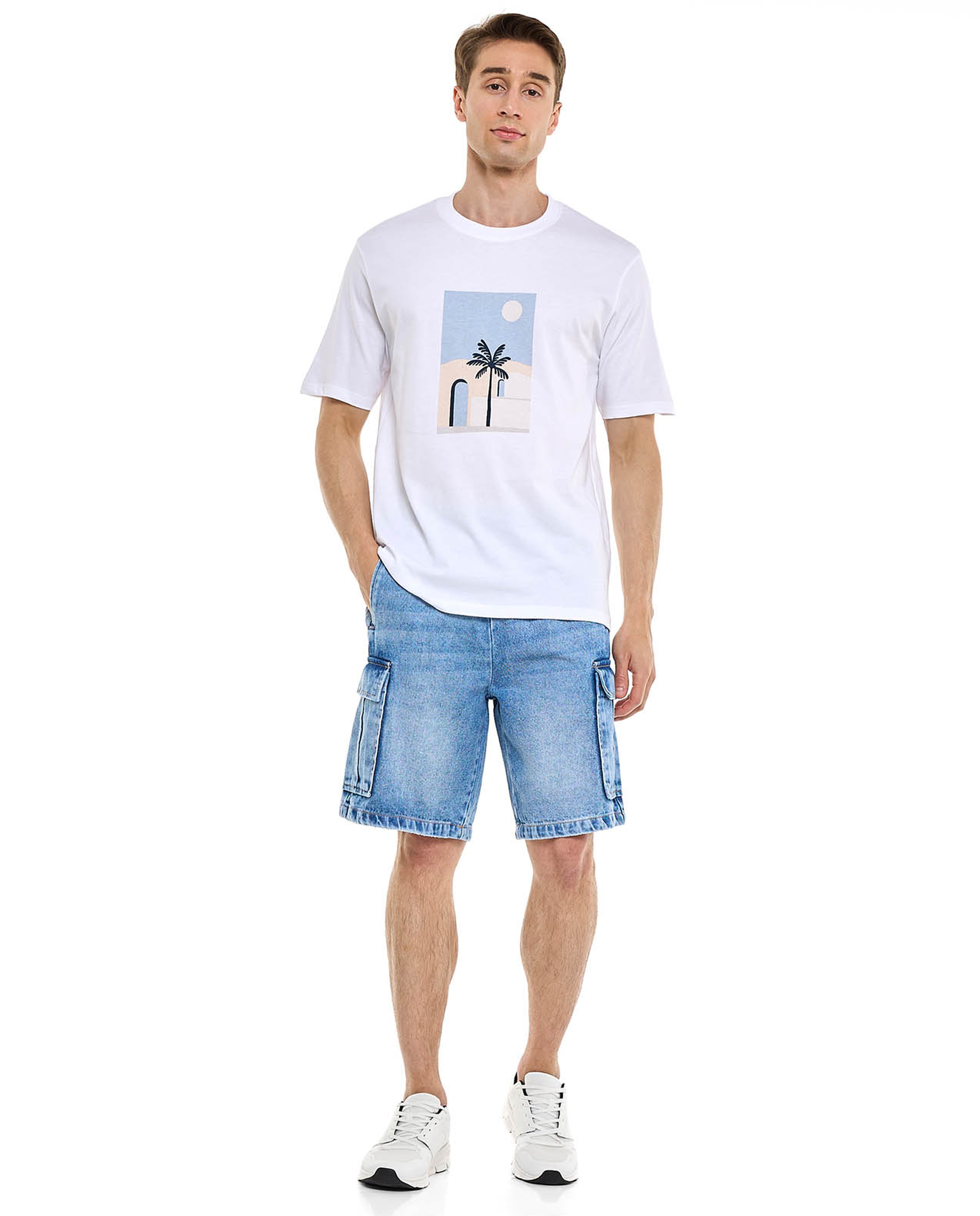 Faded Cargo Denim Shorts with Elastic Waist