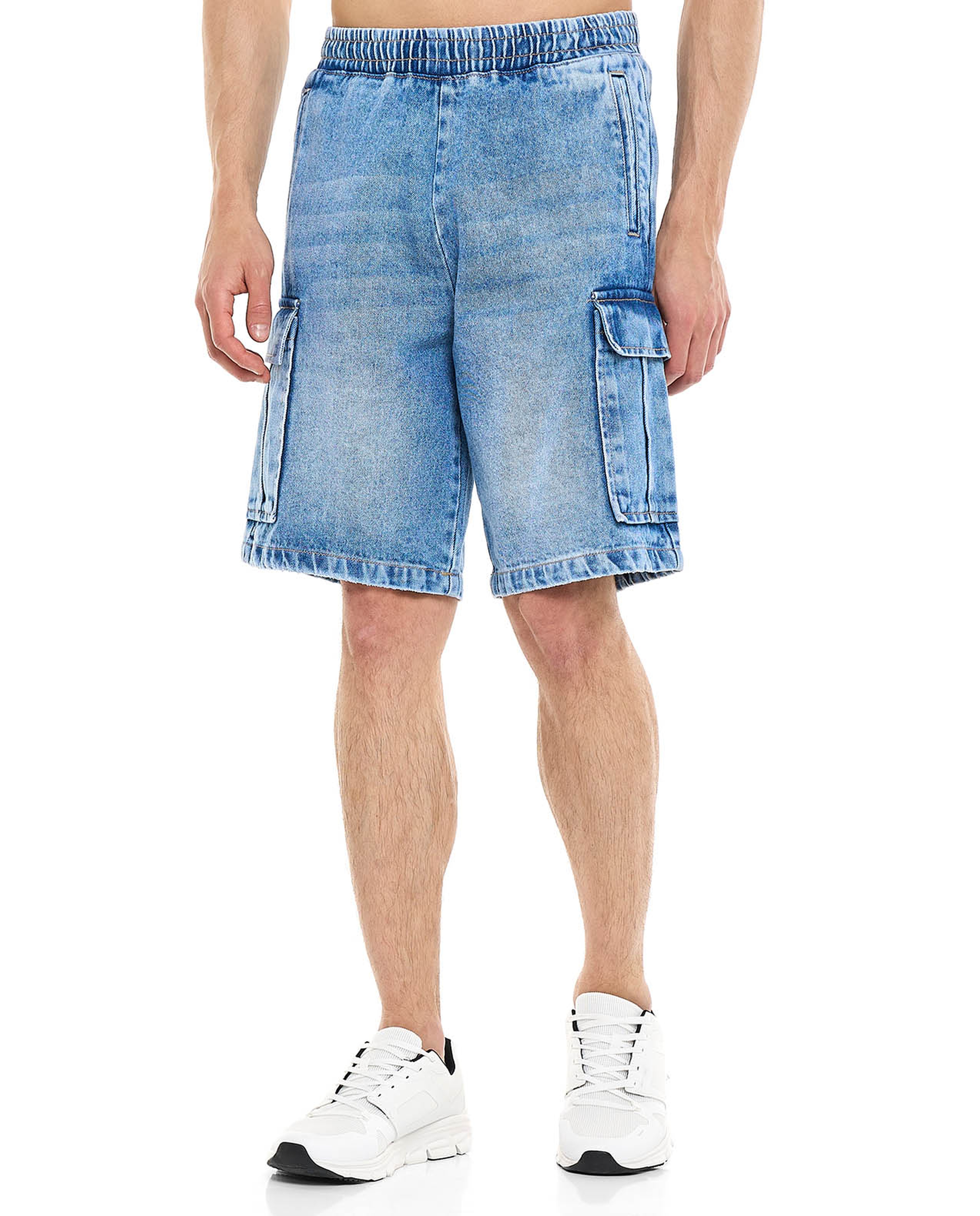 Faded Cargo Denim Shorts with Elastic Waist