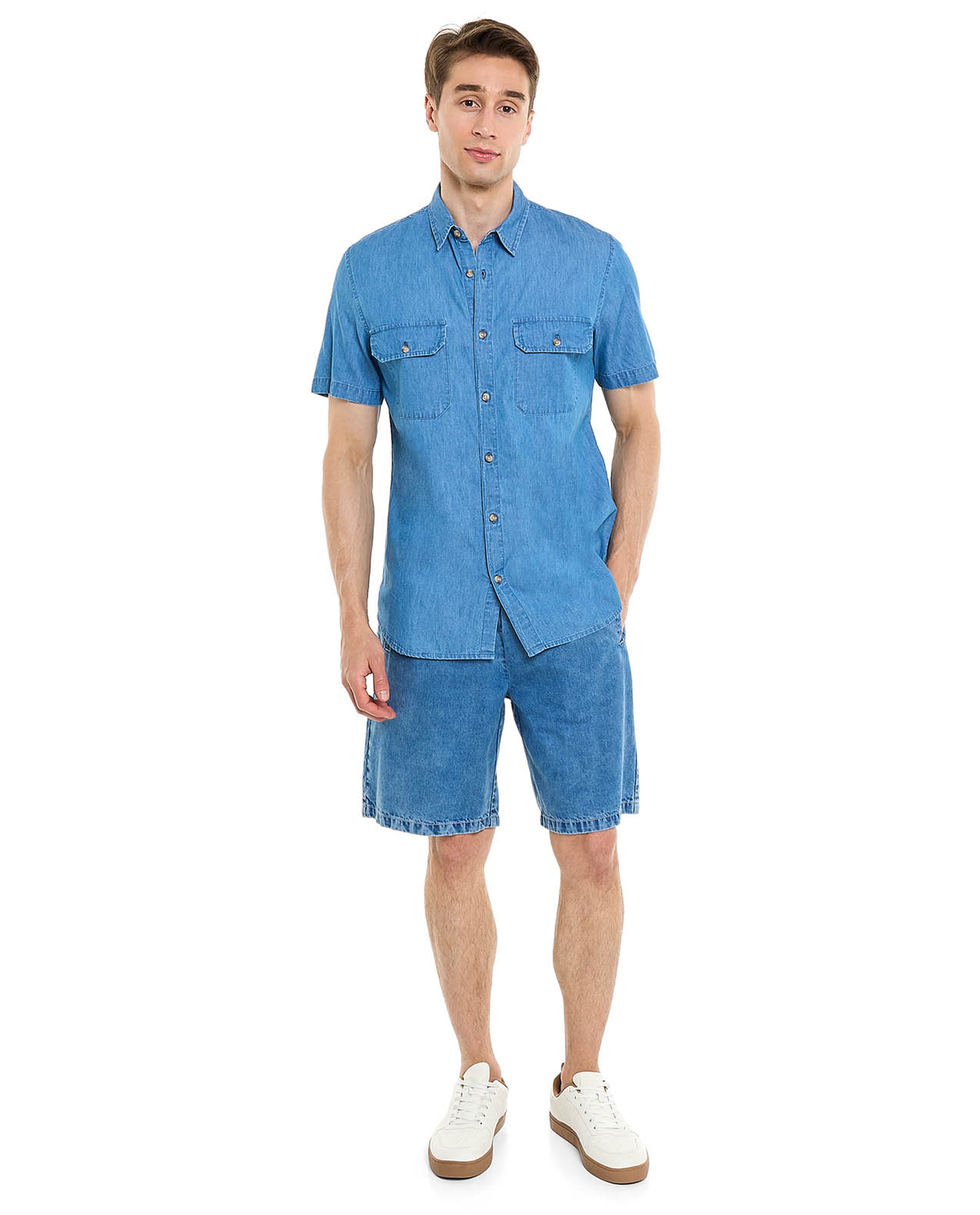 Pocket Detail Denim Shirt with Classic Collar and Short Sleeves