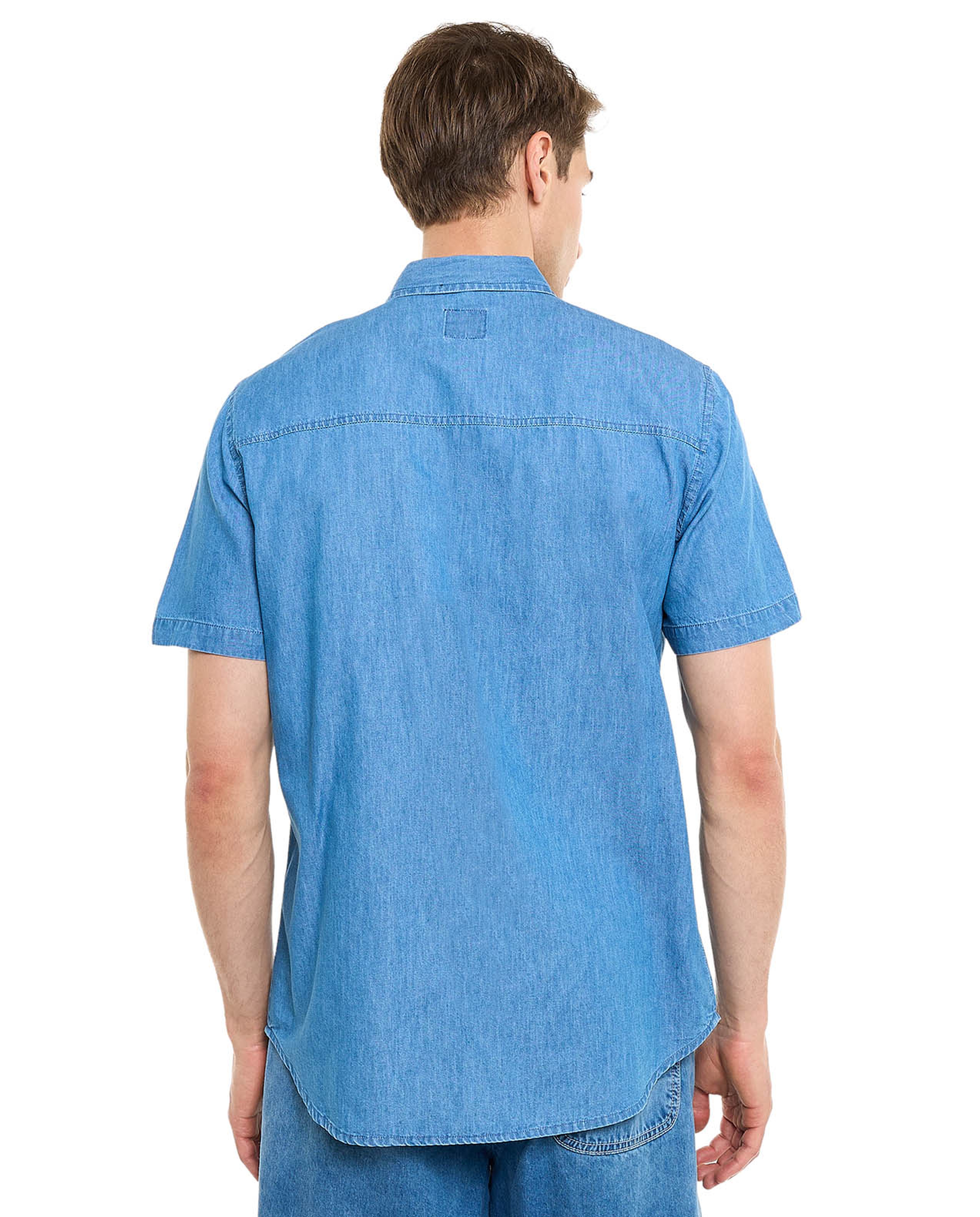 Pocket Detail Denim Shirt with Classic Collar and Short Sleeves