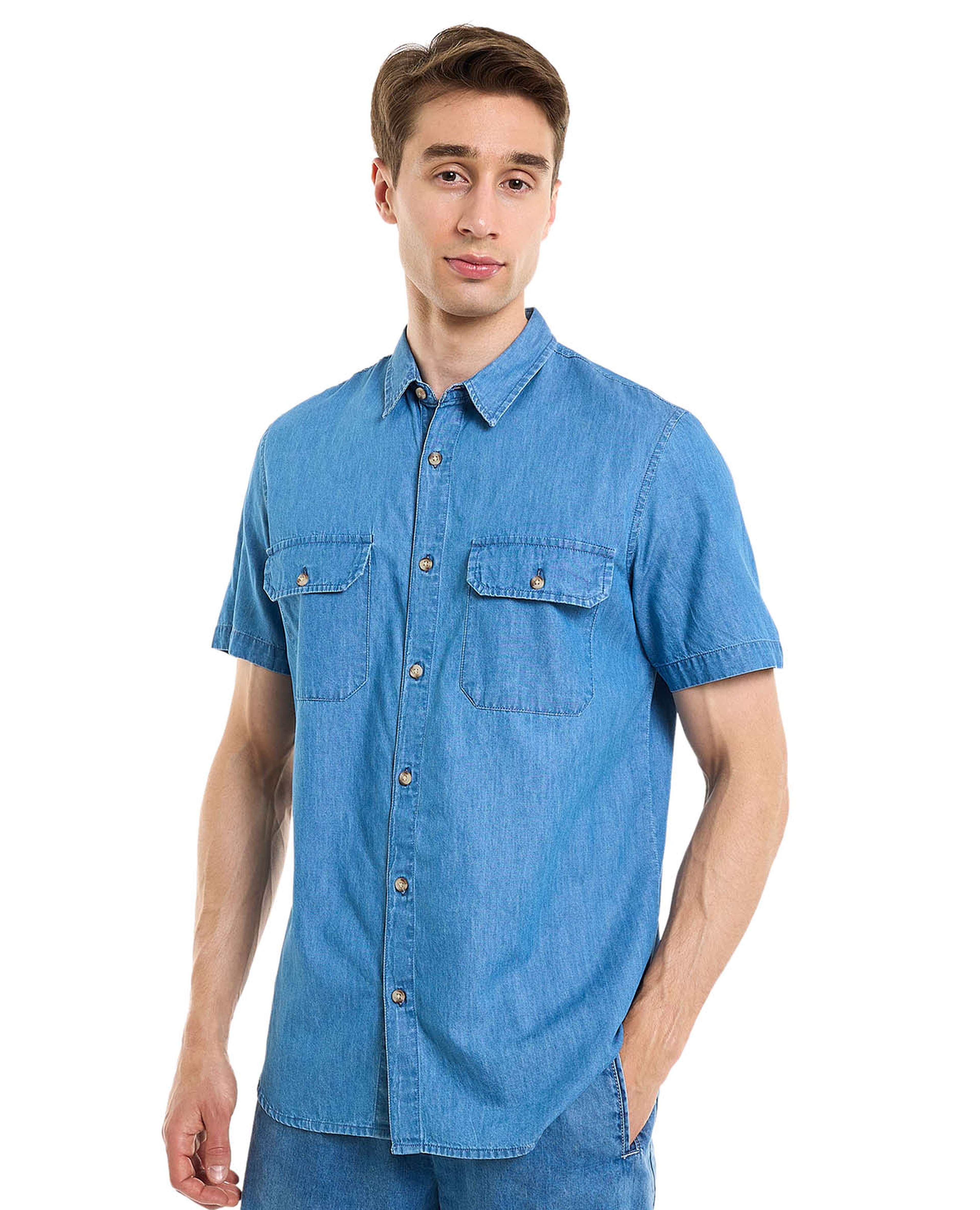 Pocket Detail Denim Shirt with Classic Collar and Short Sleeves
