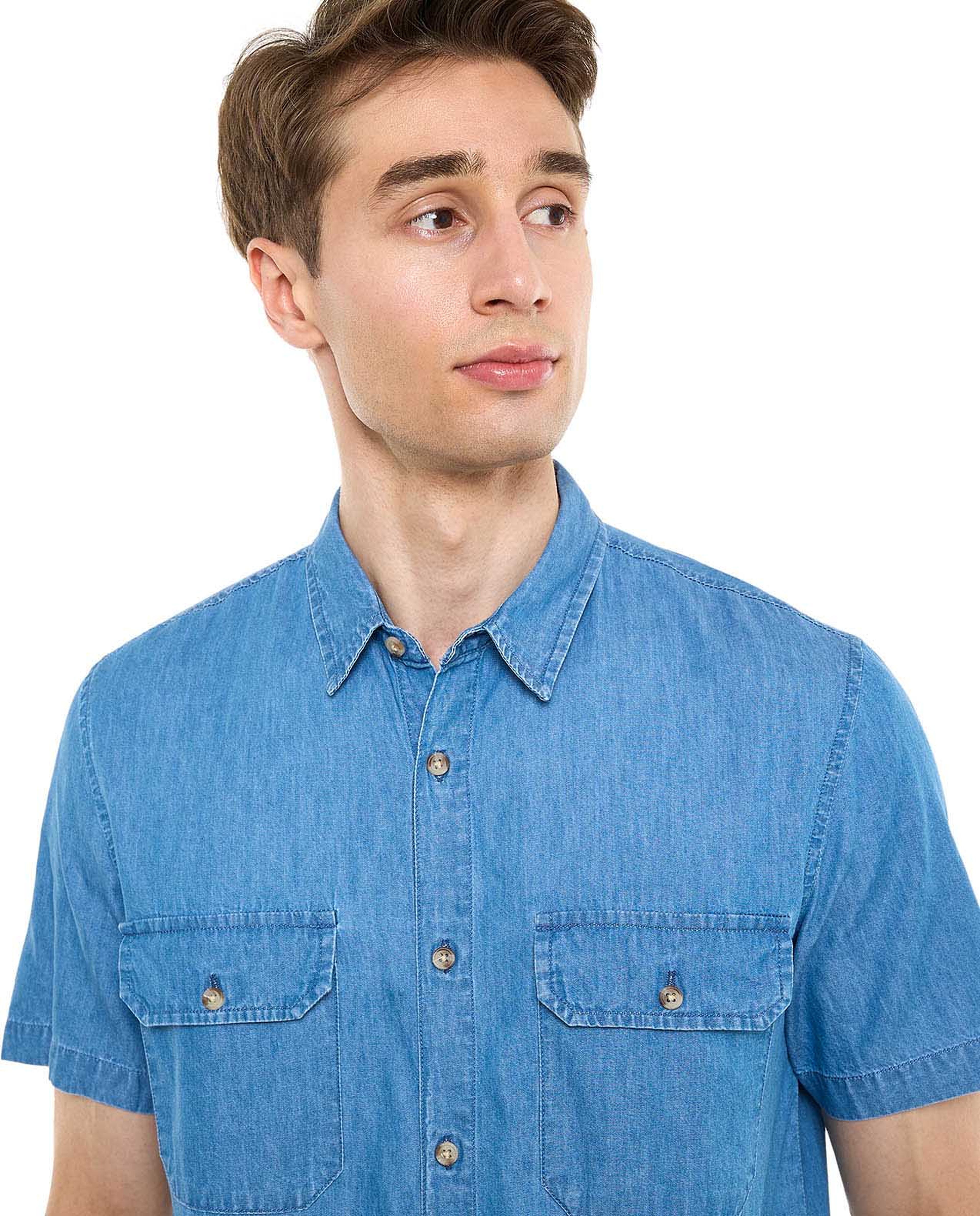 Pocket Detail Denim Shirt with Classic Collar and Short Sleeves