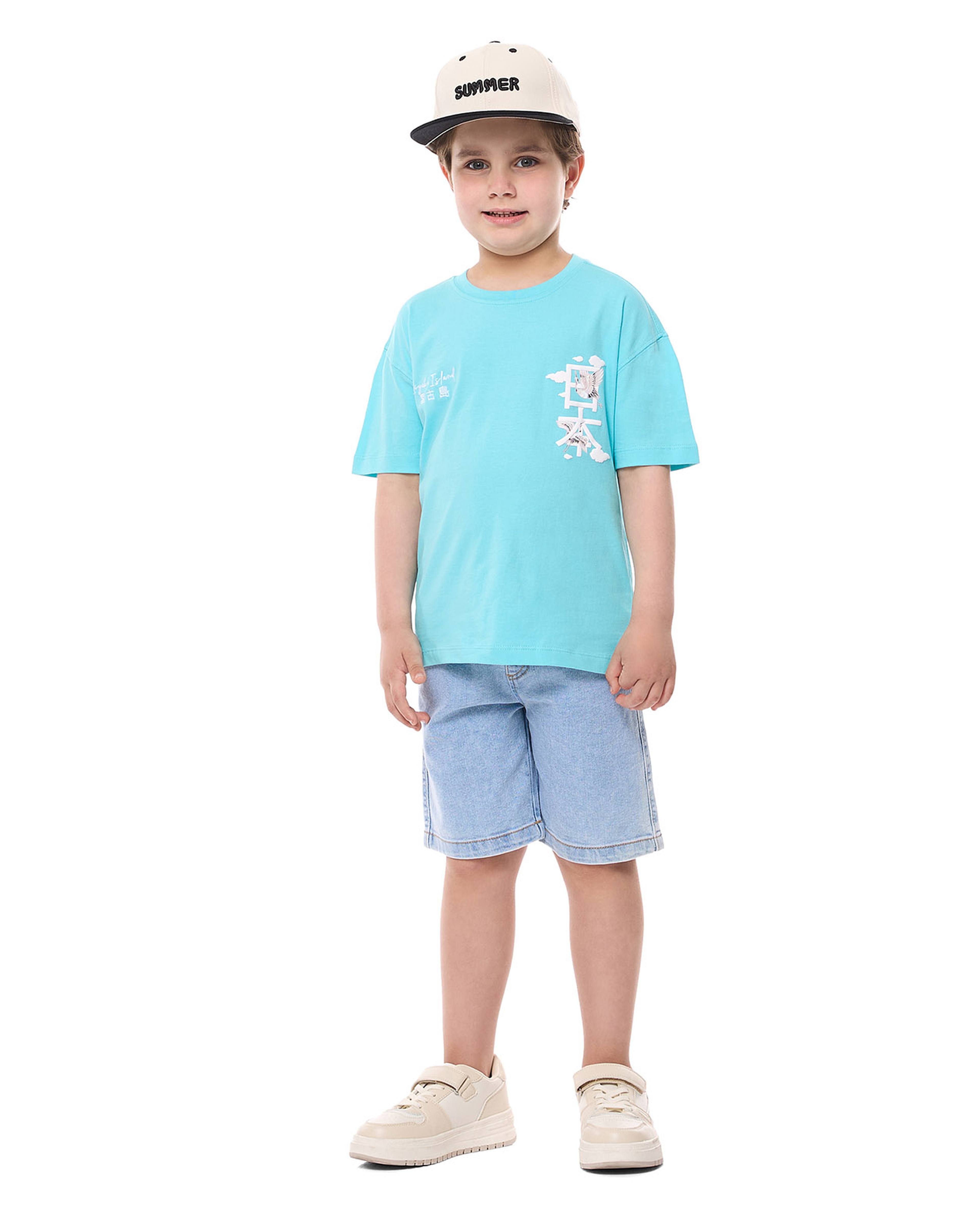 Printed T-Shirt and Denim Shorts Set