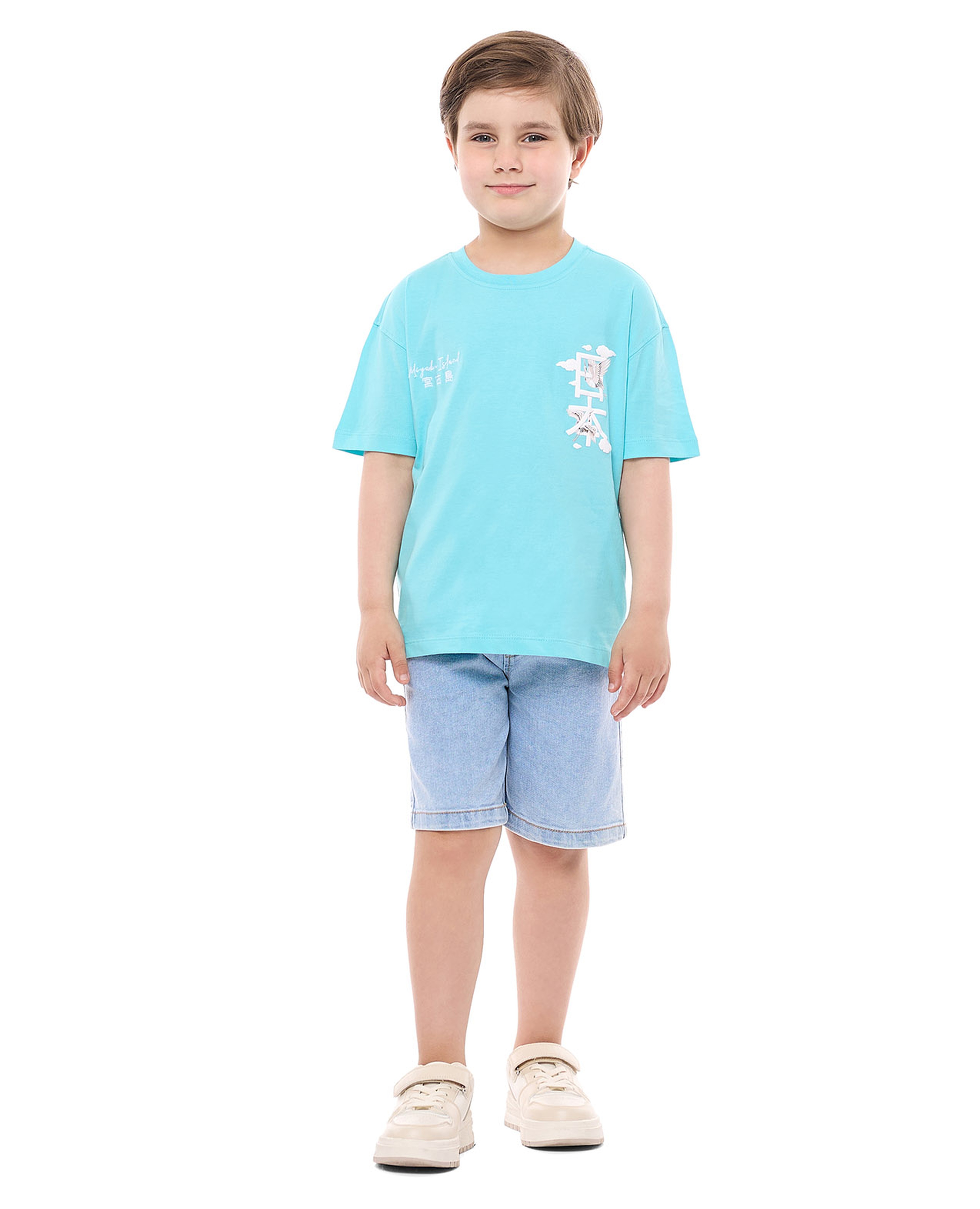 Printed T-Shirt and Denim Shorts Set