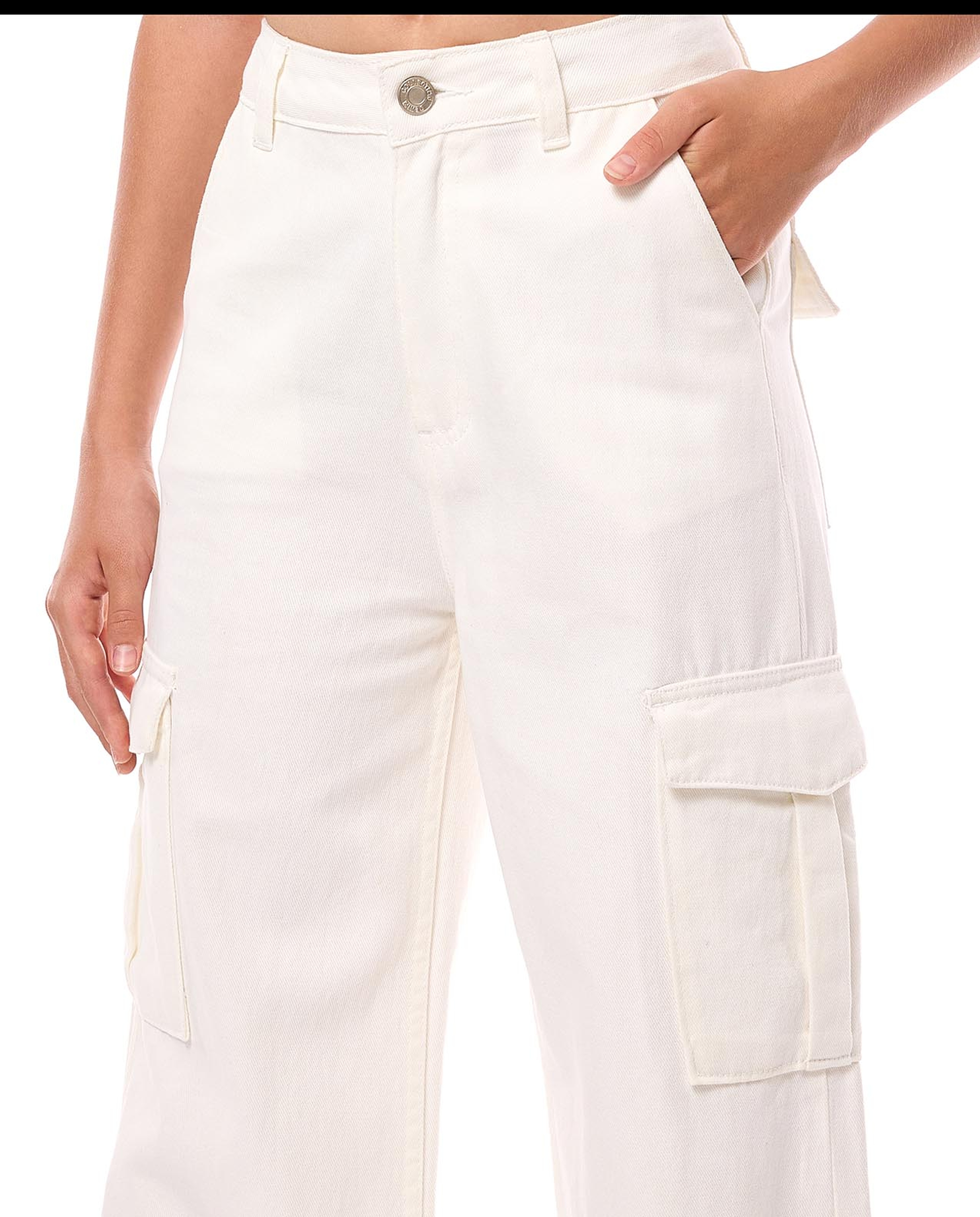 Solid Wide Leg Cargo Jeans with Button Closure