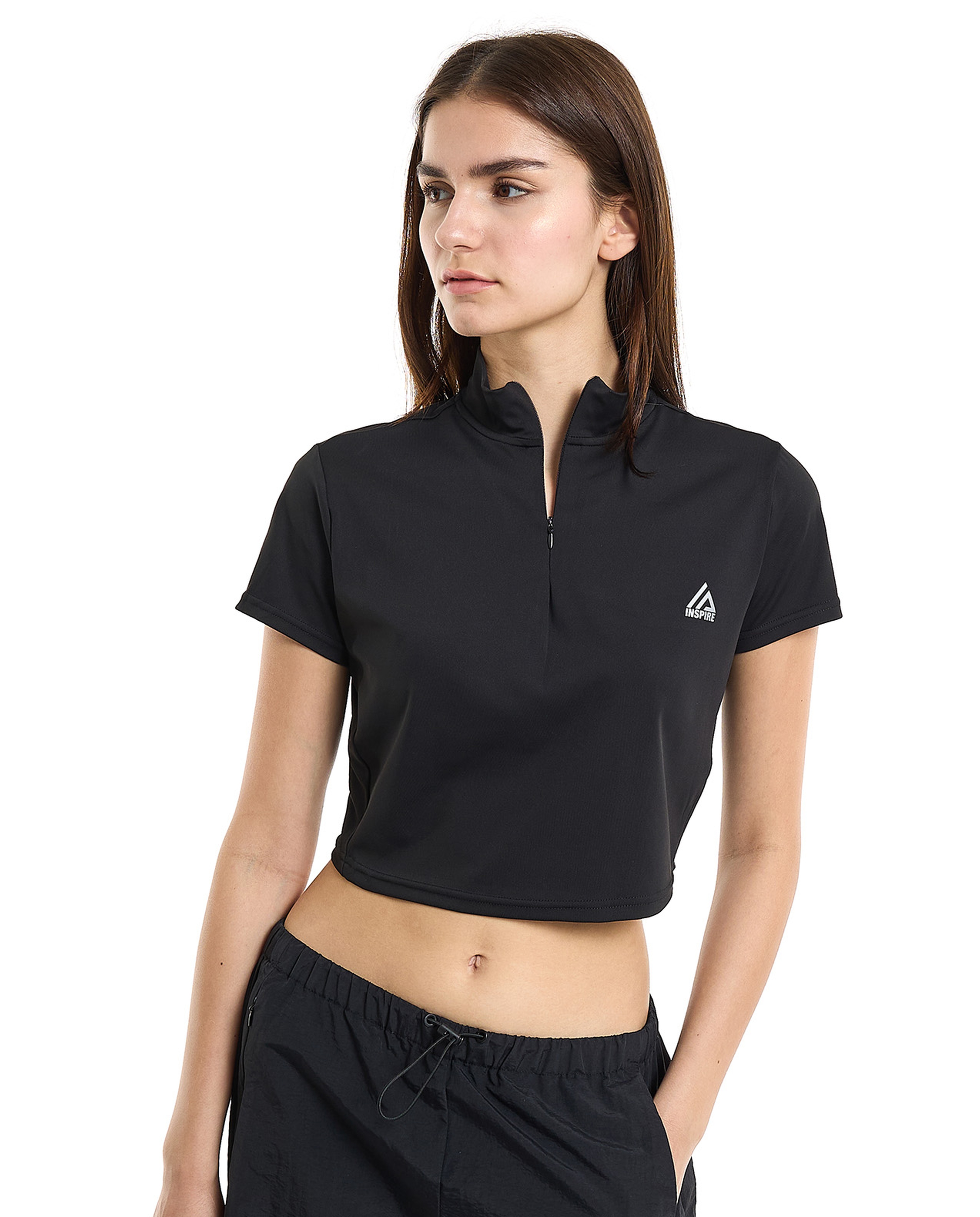 Logo Detail Active Crop Top with High Neck and Short Sleeves