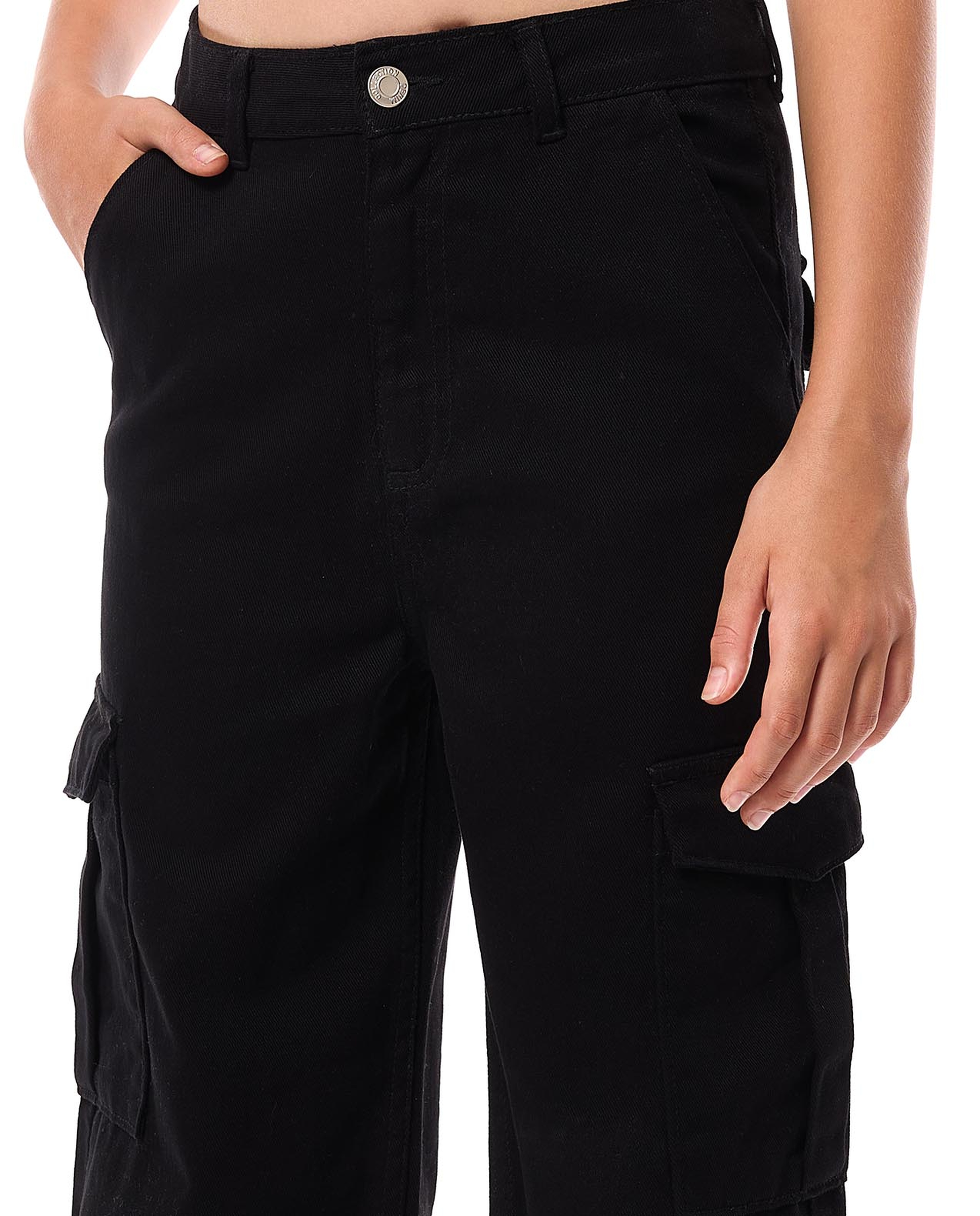 Solid Wide Leg Cargo Jeans with Button Closure