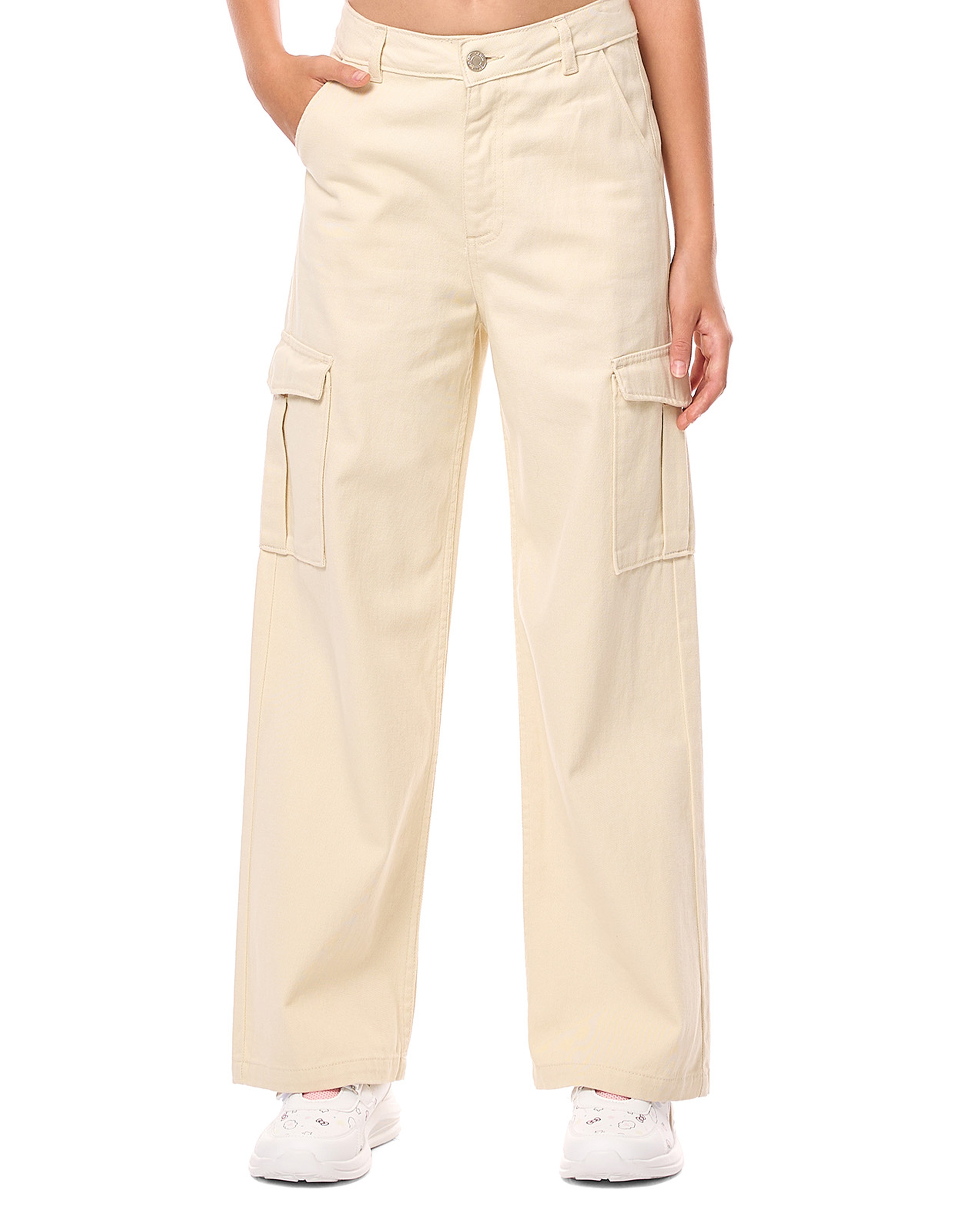 Solid Wide Leg Cargo Jeans with Button Closure