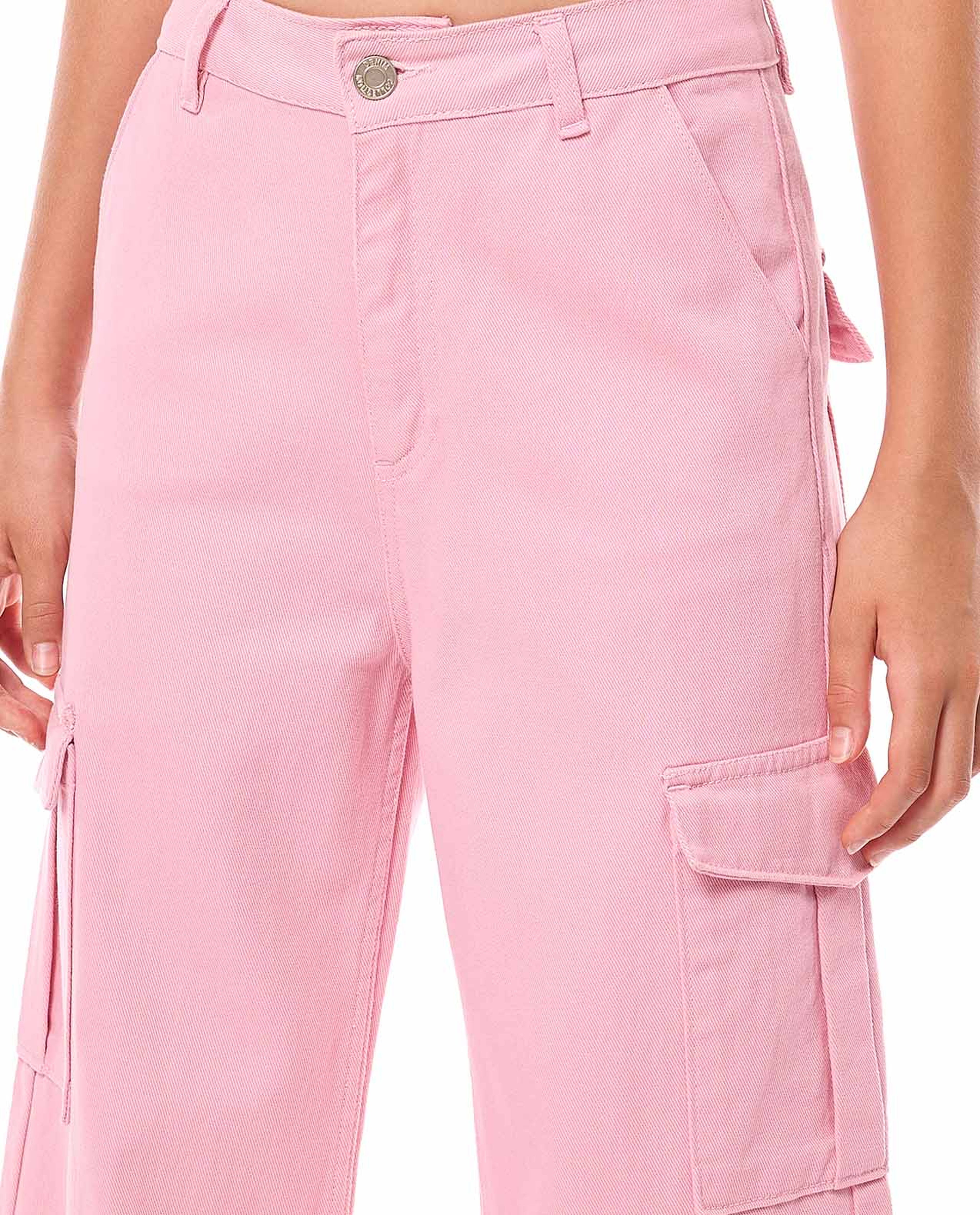 Solid Wide Leg Cargo Jeans with Button Closure