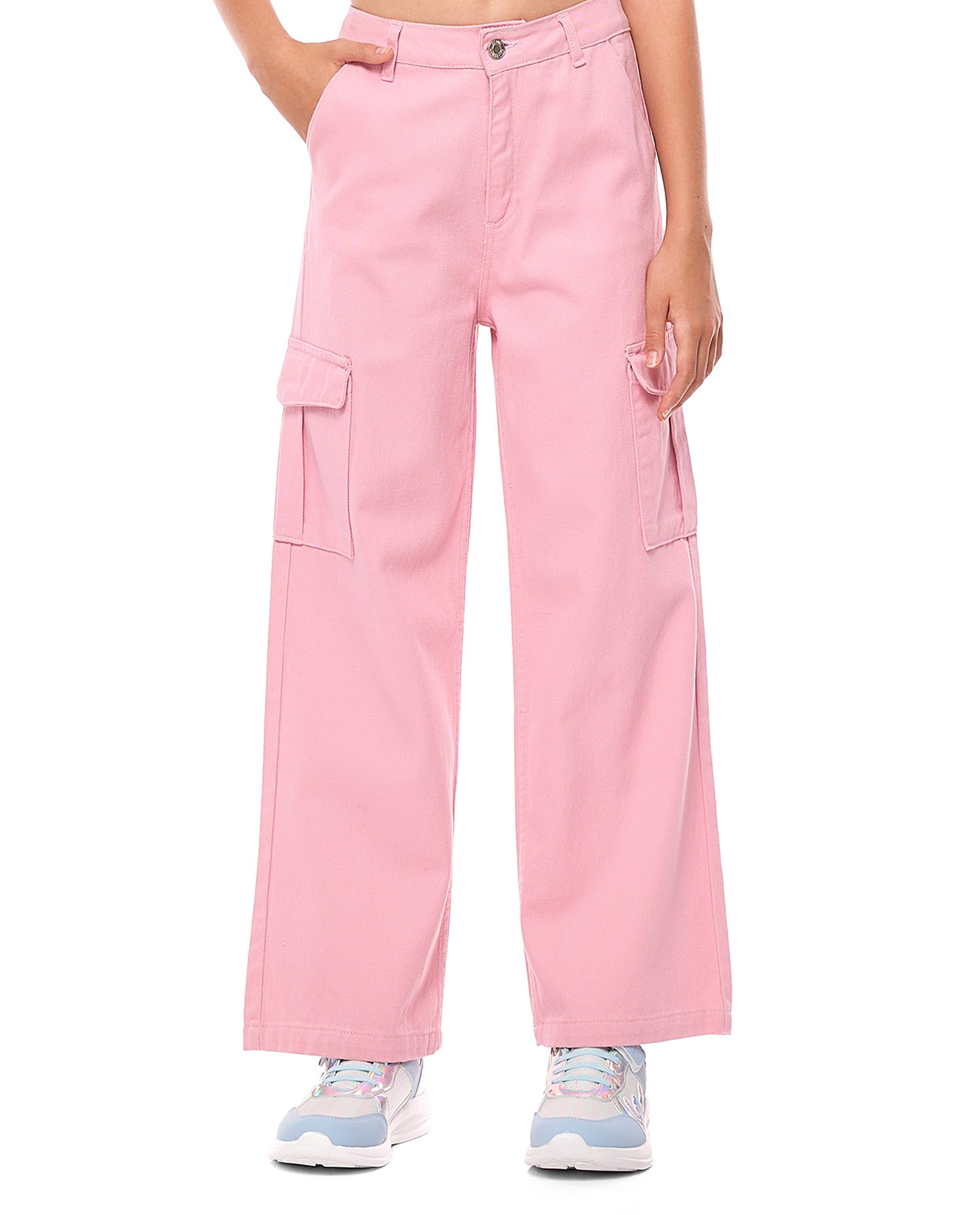 Solid Wide Leg Cargo Jeans with Button Closure