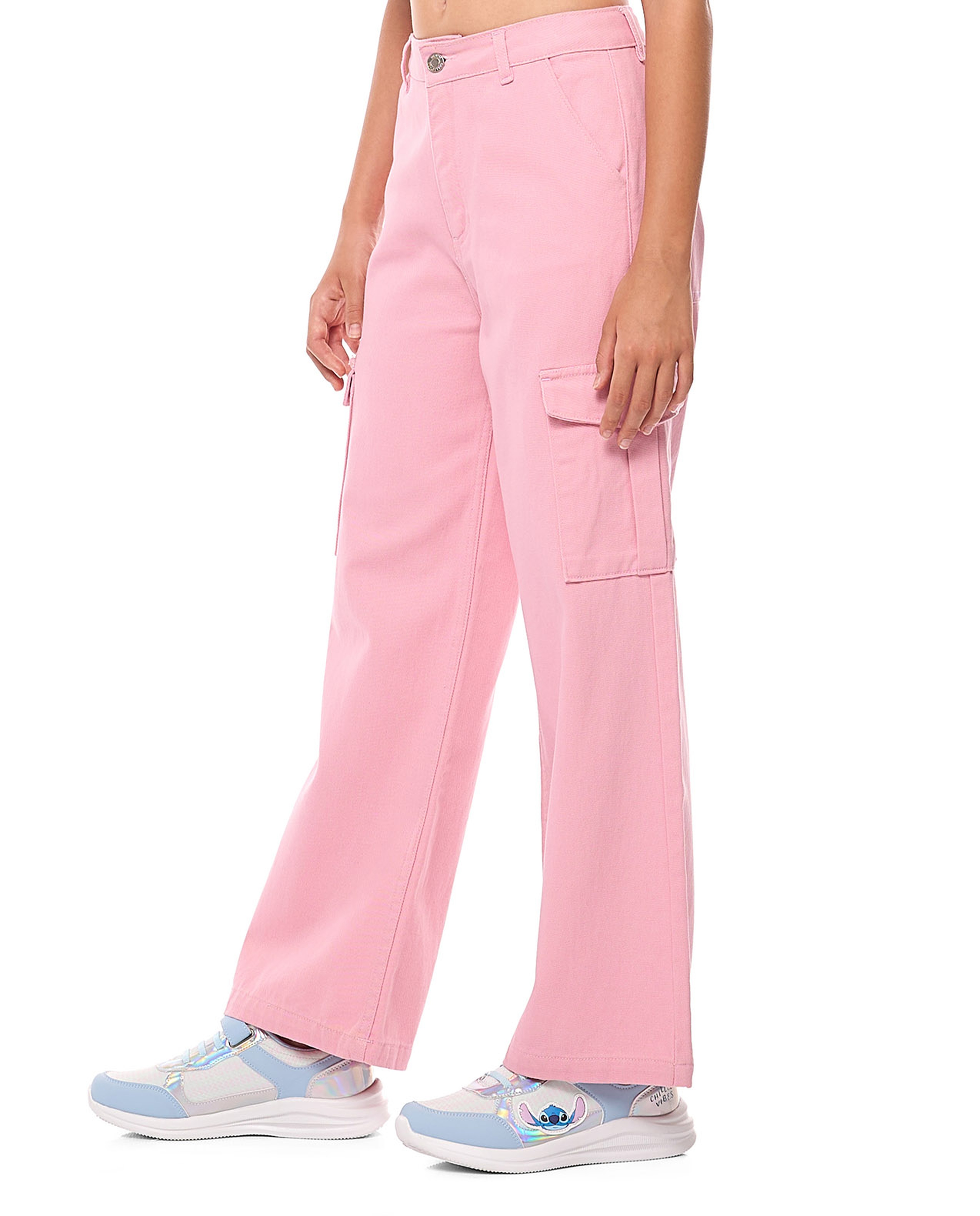 Solid Wide Leg Cargo Jeans with Button Closure