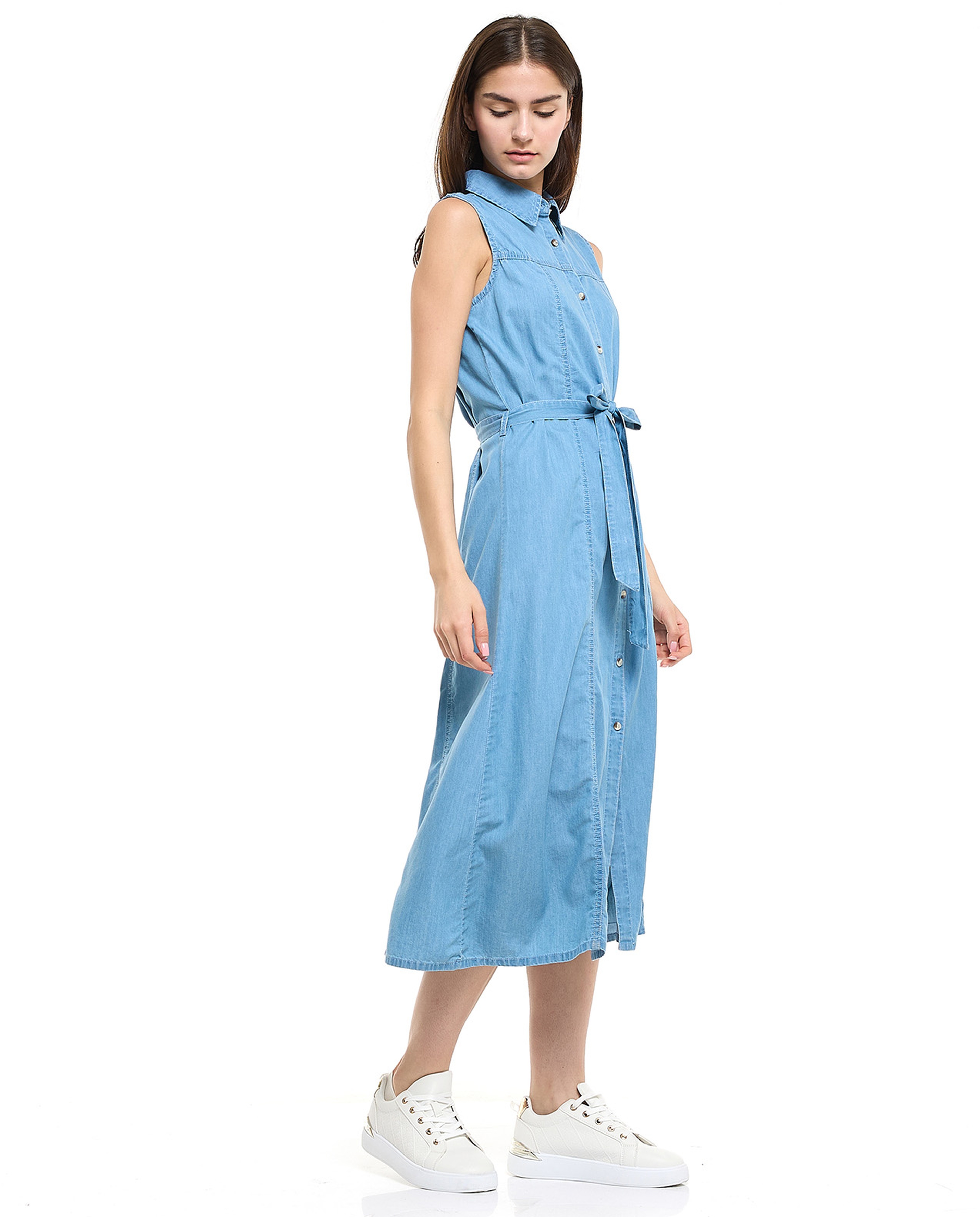 Belted Sleeveless Denim Dress with Classic Collar