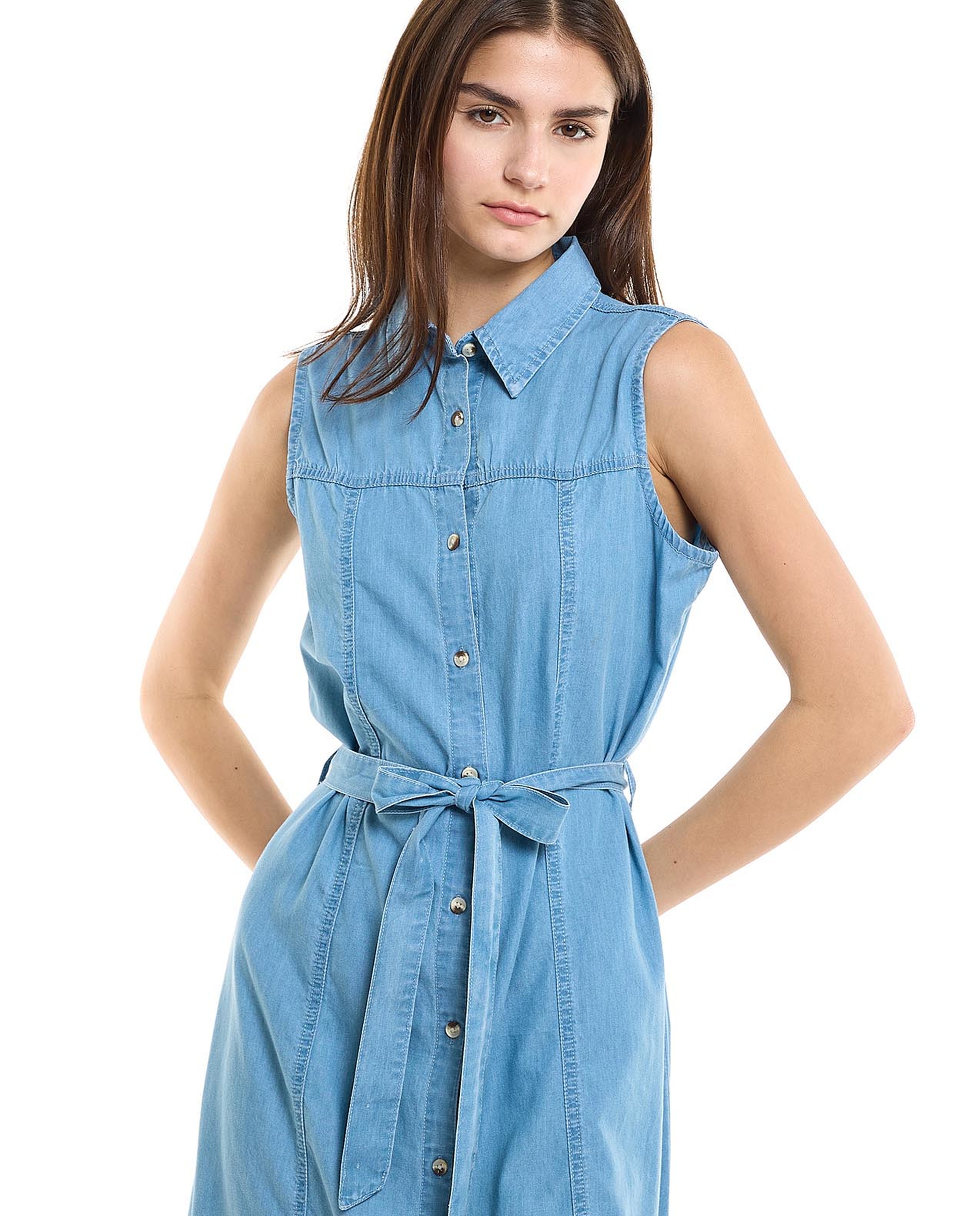 Belted Sleeveless Denim Dress with Classic Collar