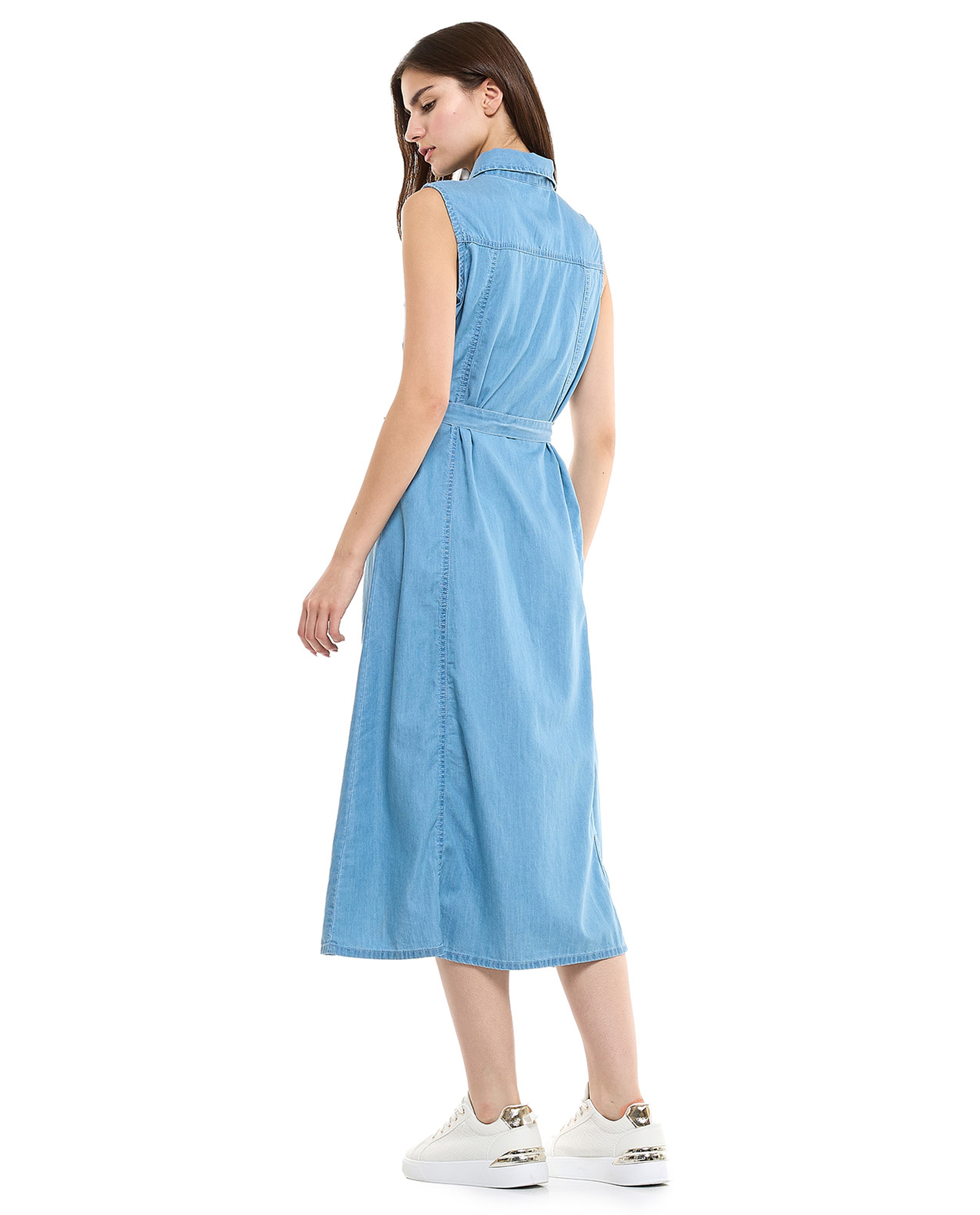 Belted Sleeveless Denim Dress with Classic Collar
