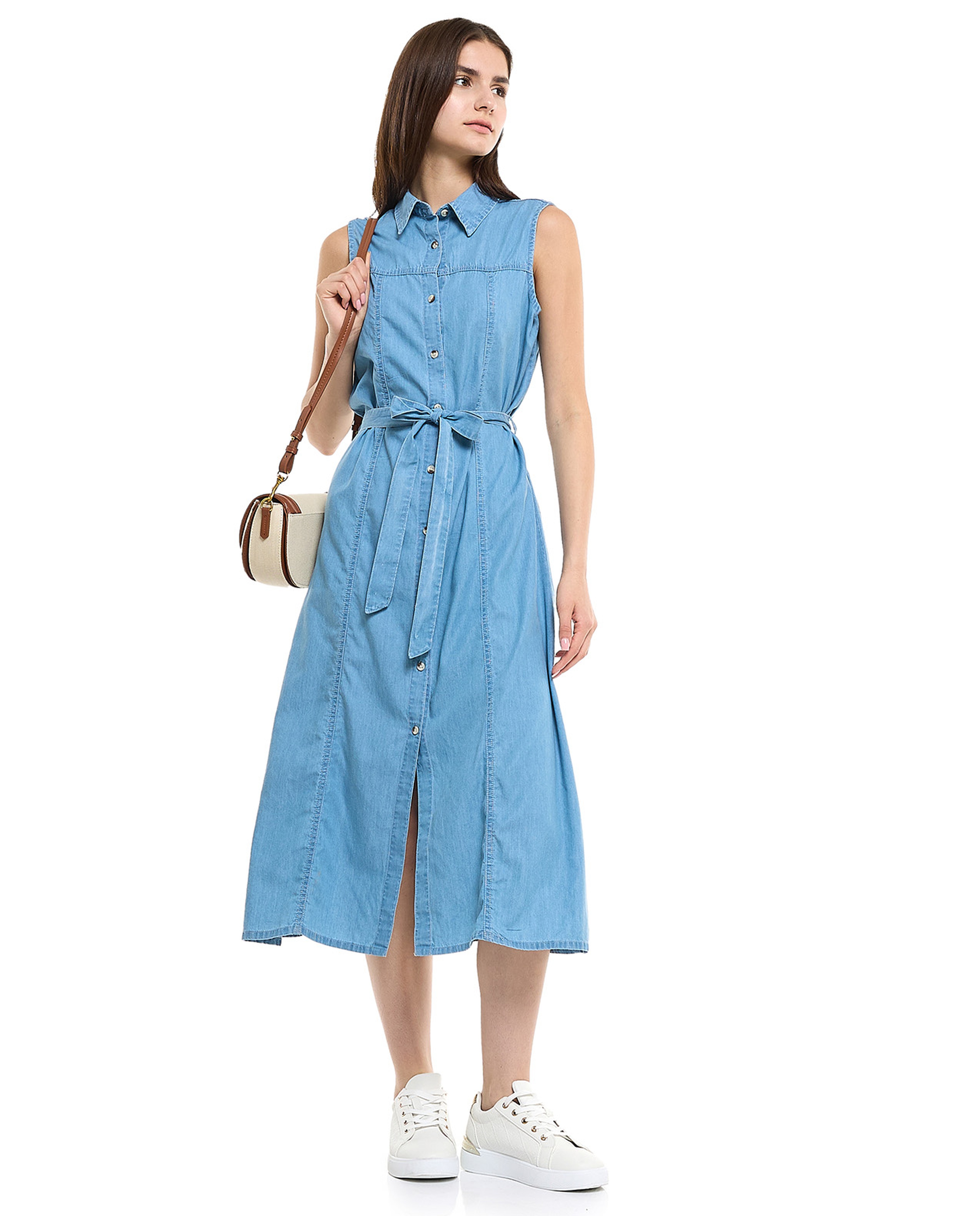 Belted Sleeveless Denim Dress with Classic Collar