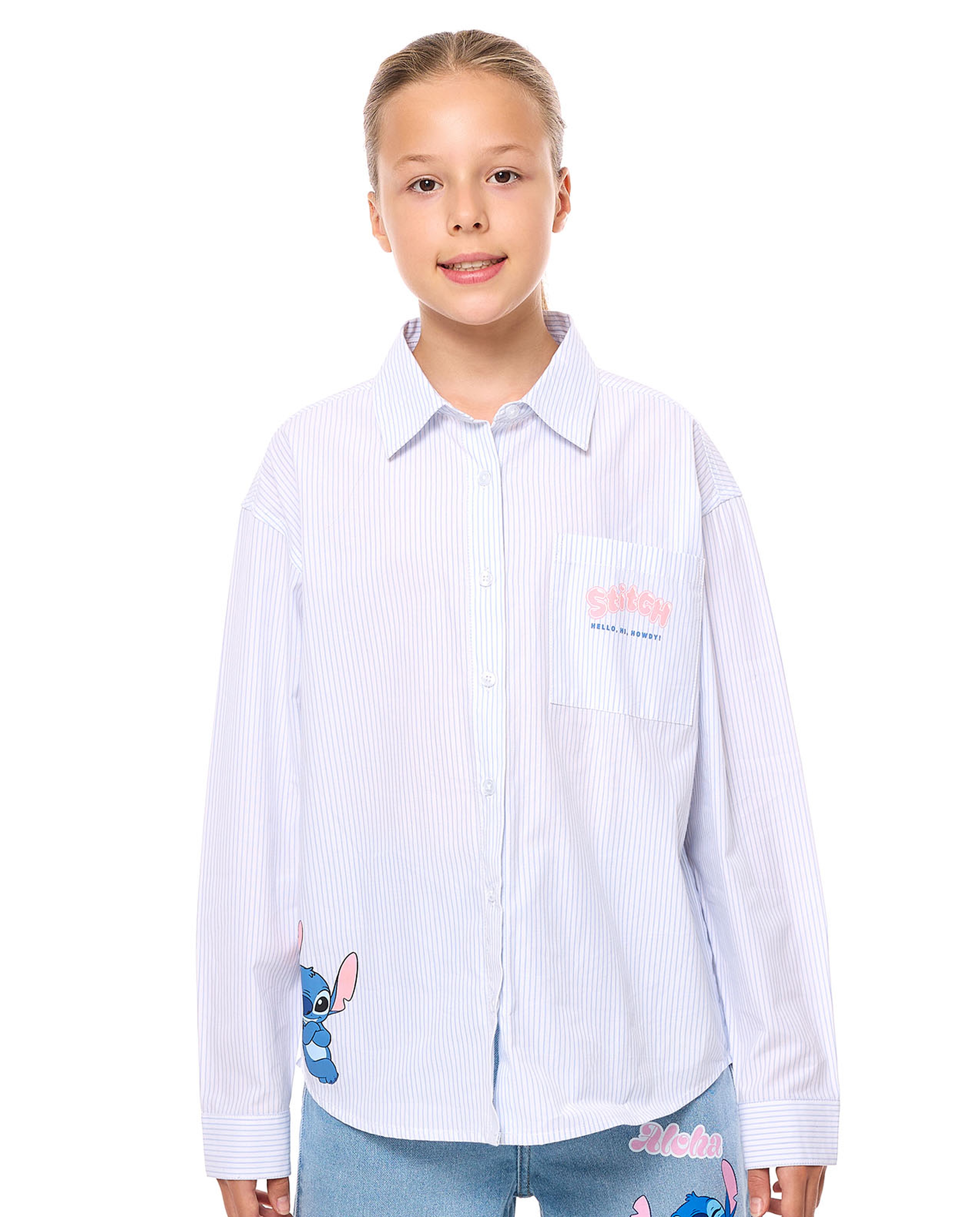 Stitch Printed Tunic Shirt with Classic Collar and Long Sleeves