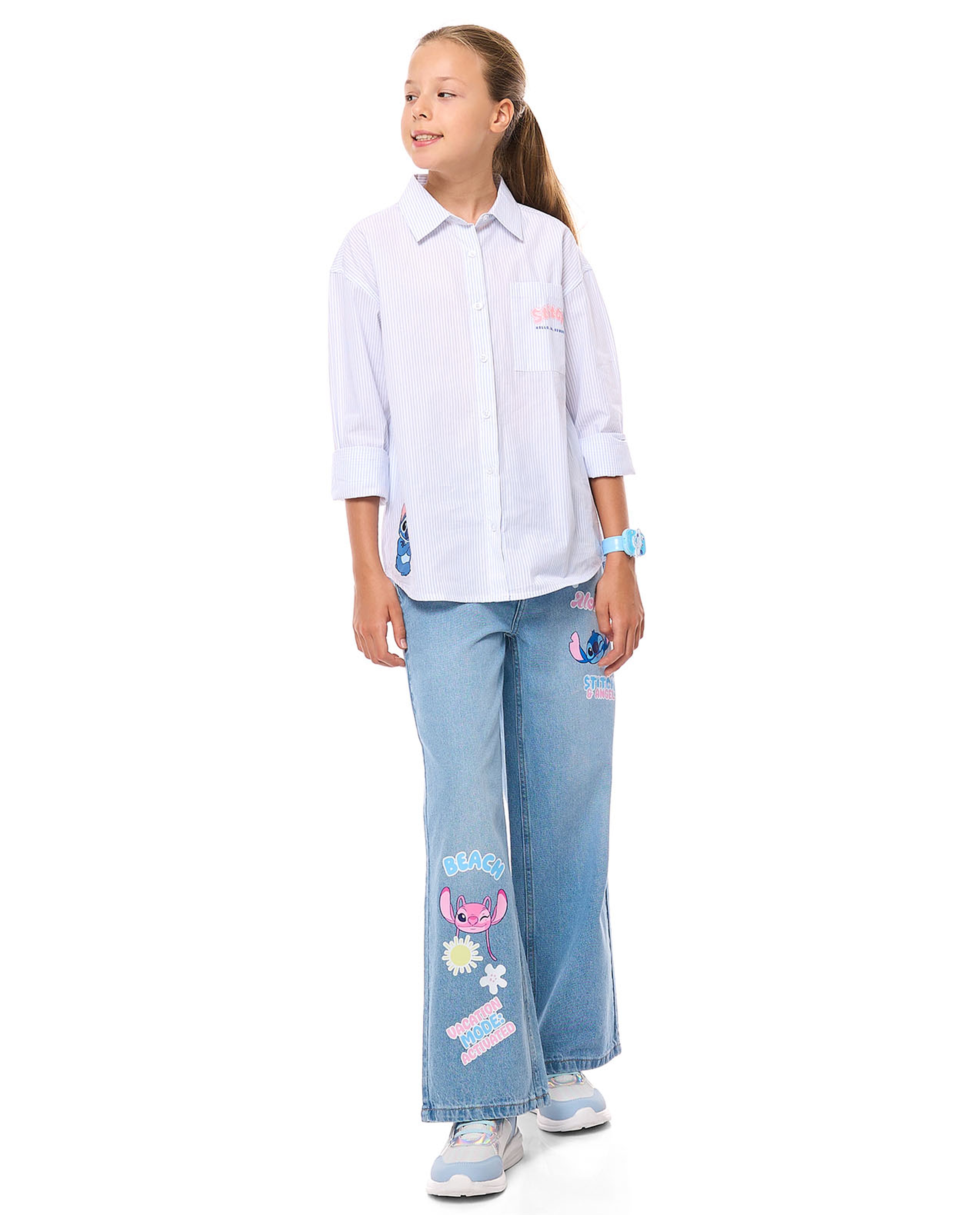 Stitch Printed Tunic Shirt with Classic Collar and Long Sleeves