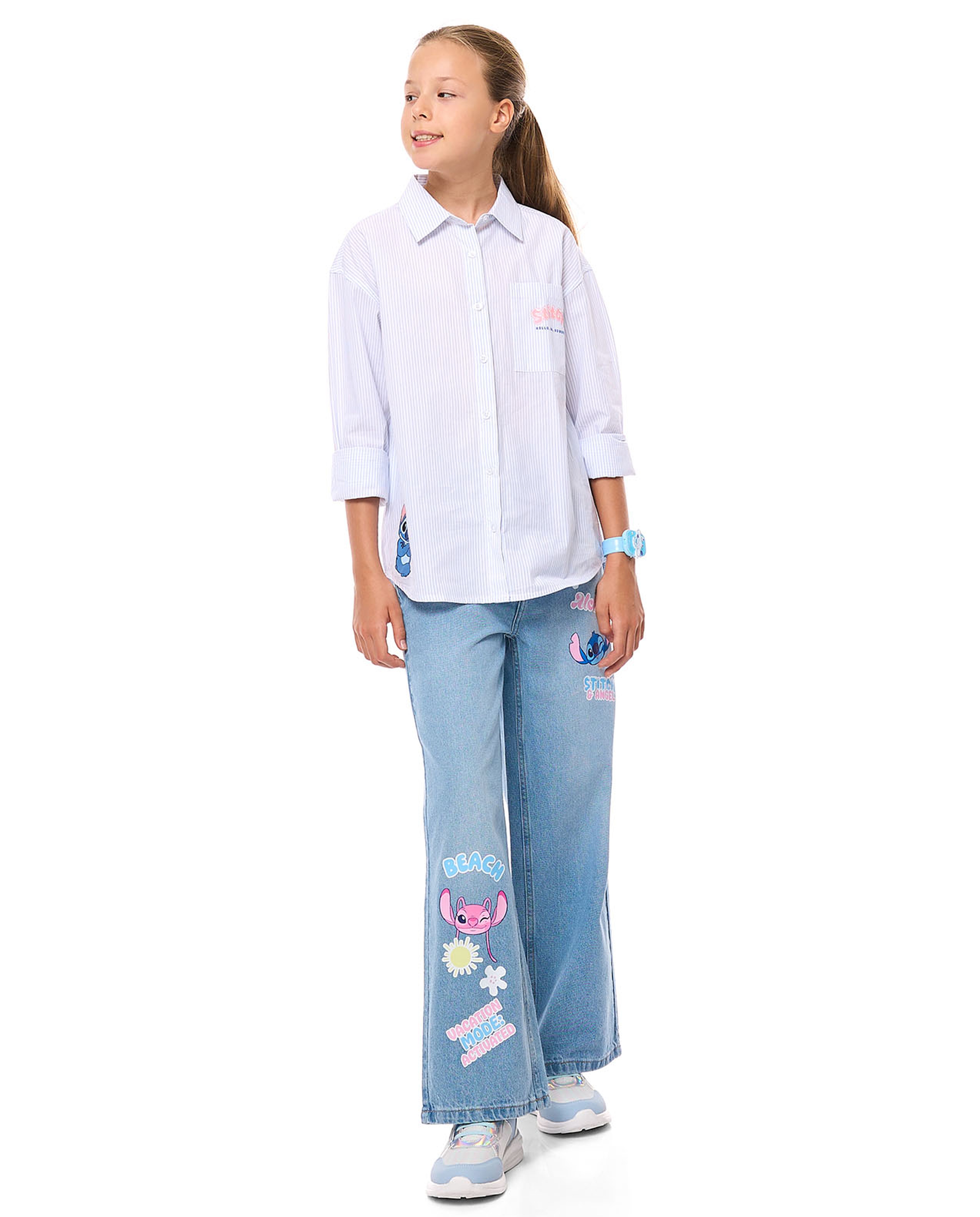 Stitch Printed Tunic Shirt with Classic Collar and Long Sleeves