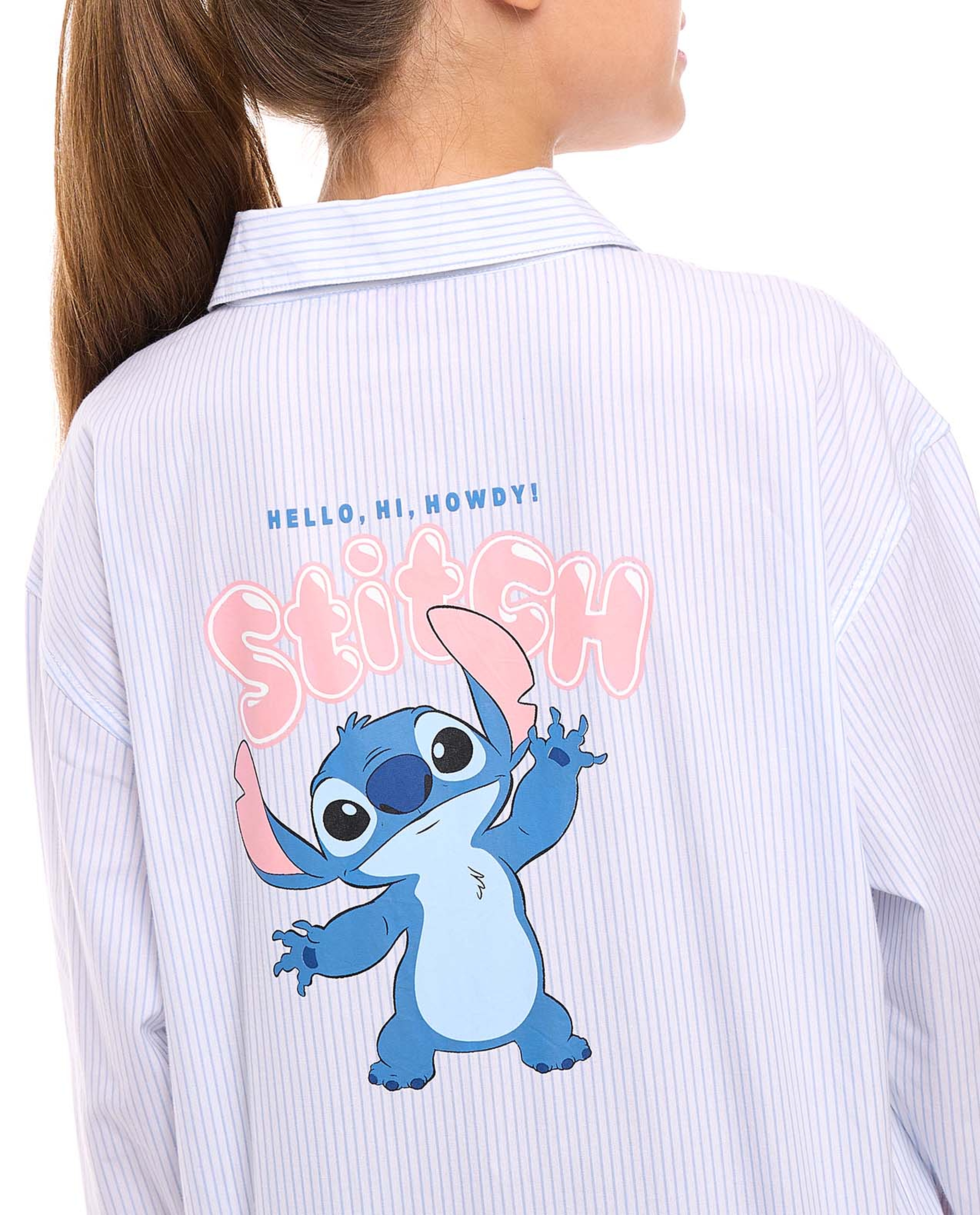 Stitch Printed Tunic Shirt with Classic Collar and Long Sleeves