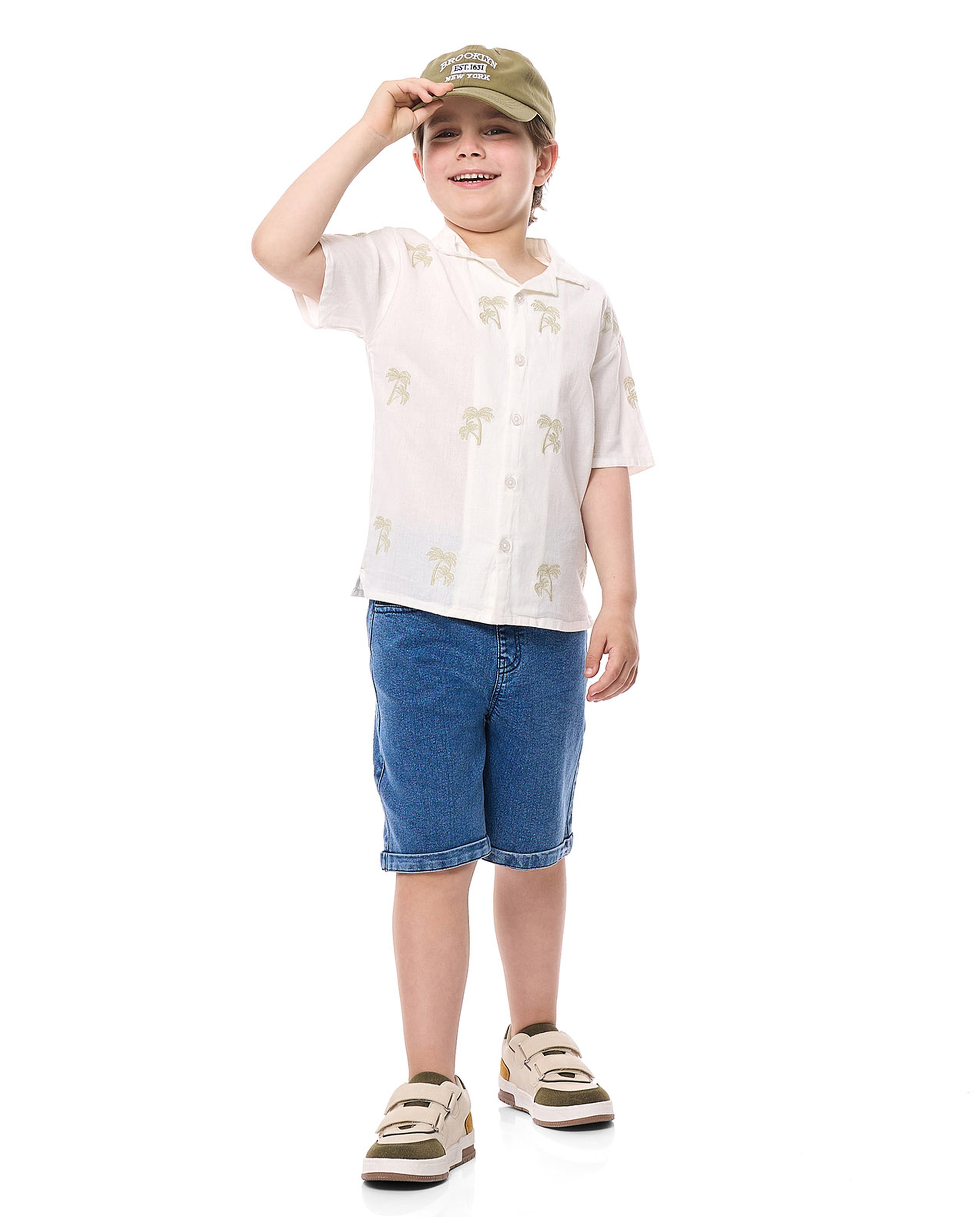 Embroidered Shirt with Revere Collar and Short Sleeves