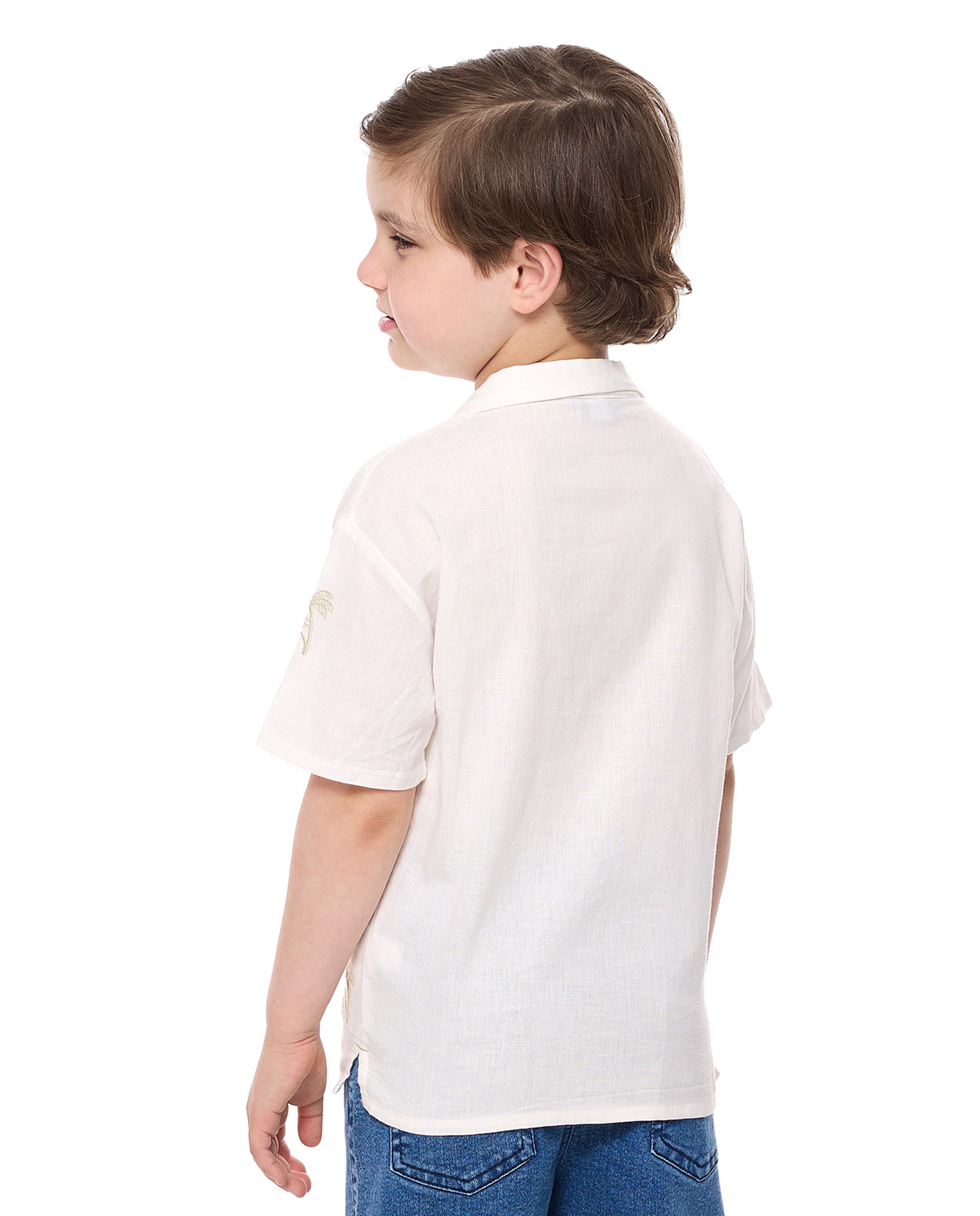 Embroidered Shirt with Revere Collar and Short Sleeves