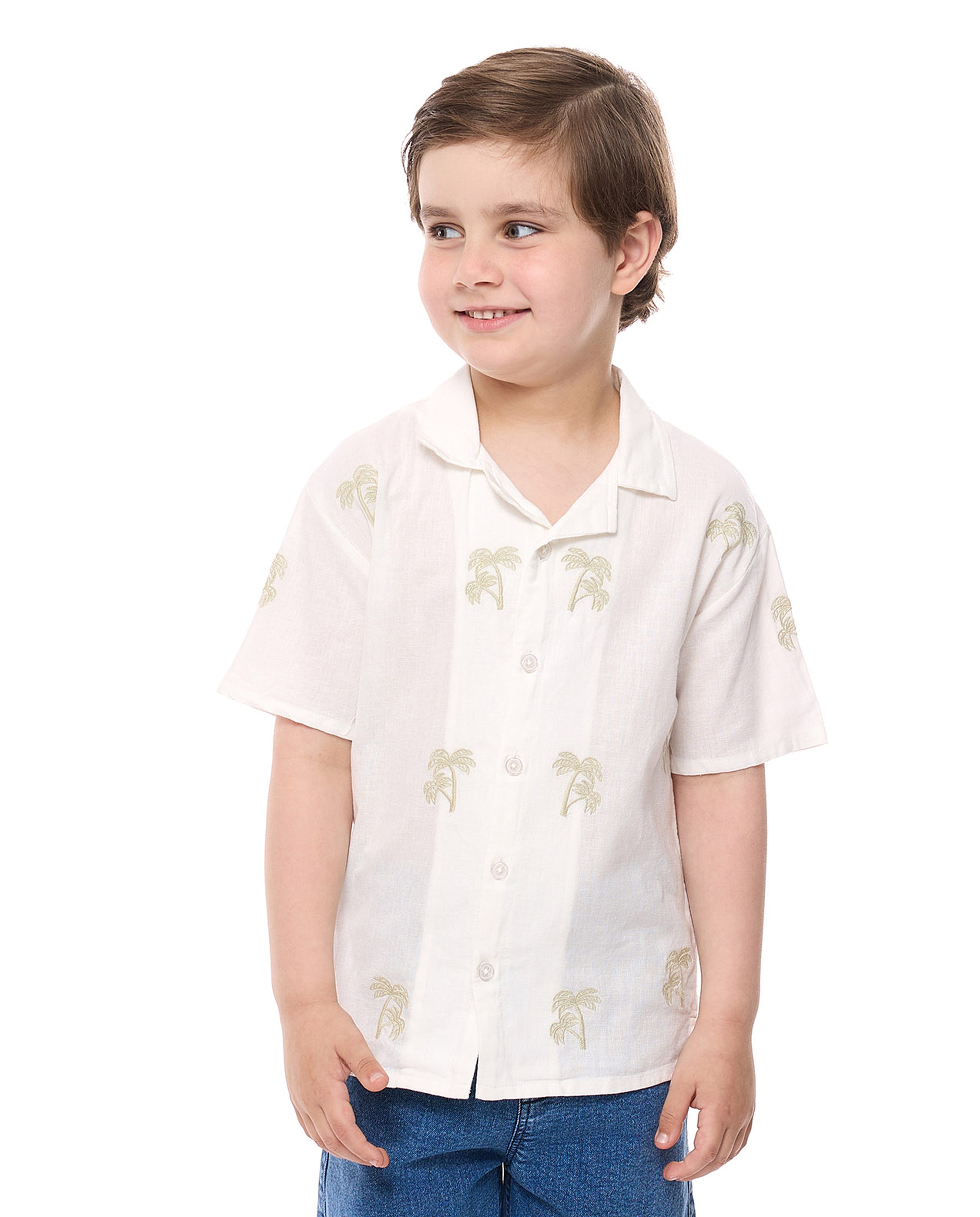 Embroidered Shirt with Revere Collar and Short Sleeves