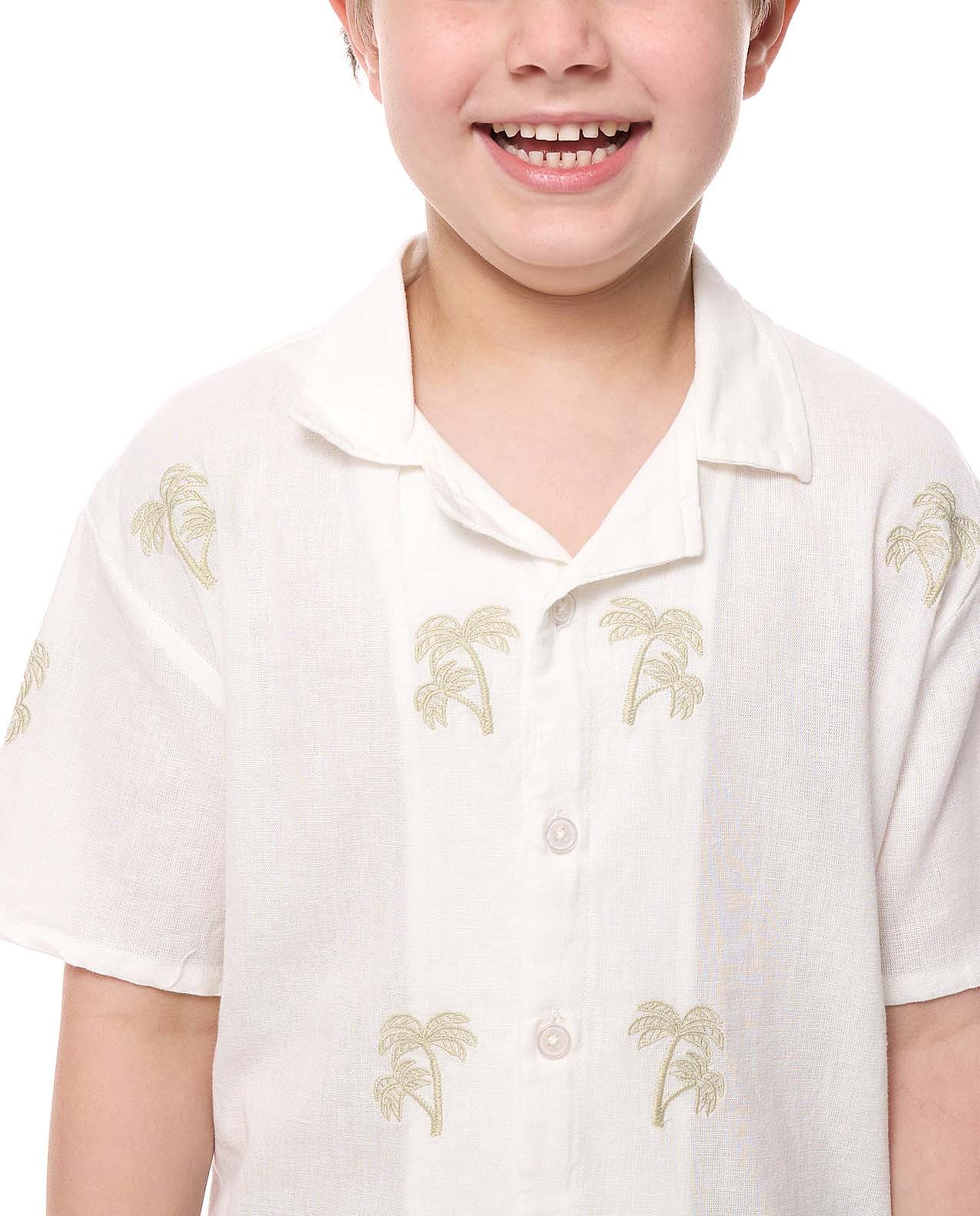 Embroidered Shirt with Revere Collar and Short Sleeves