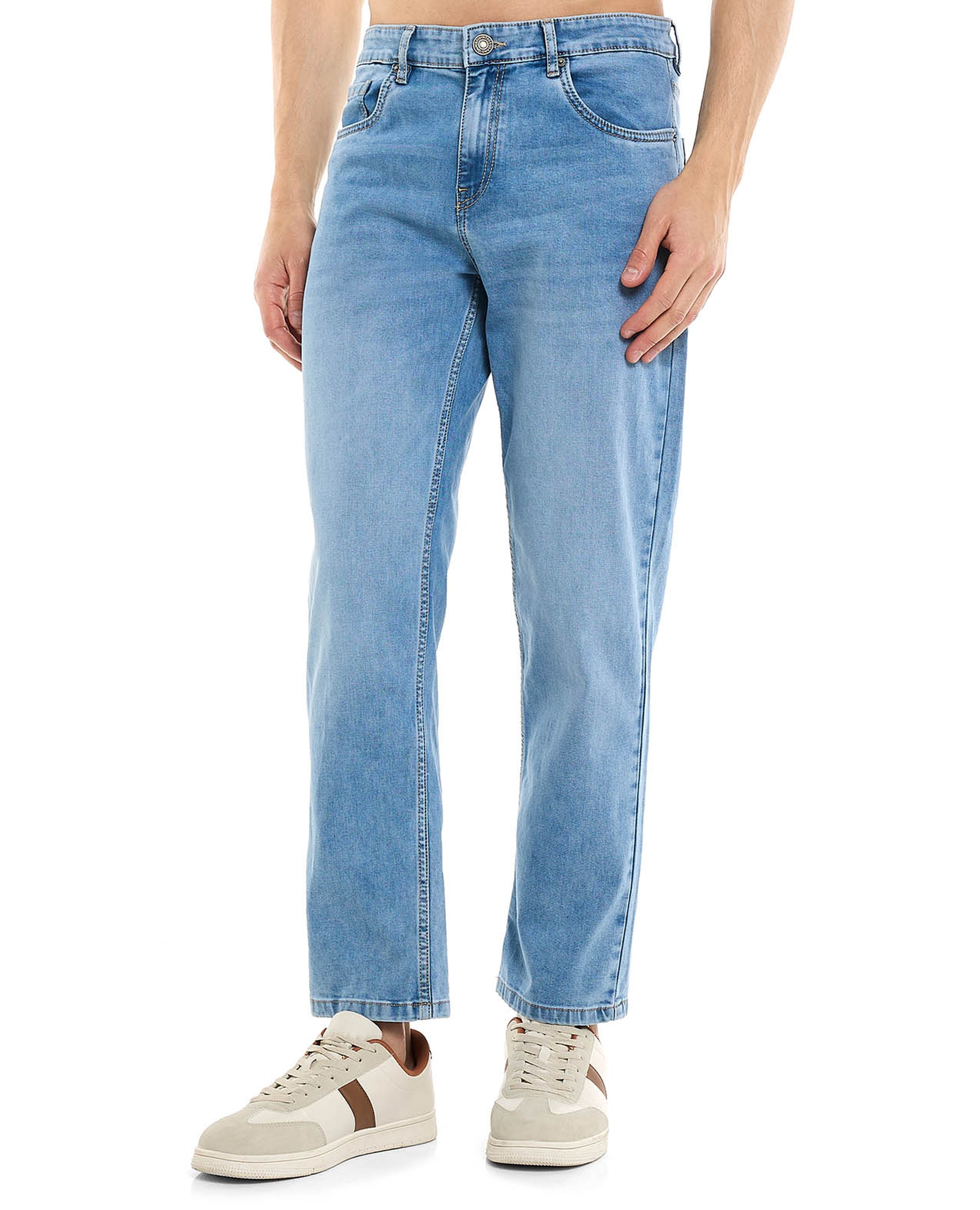 Faded Straight Fit Jeans with Button Closure
