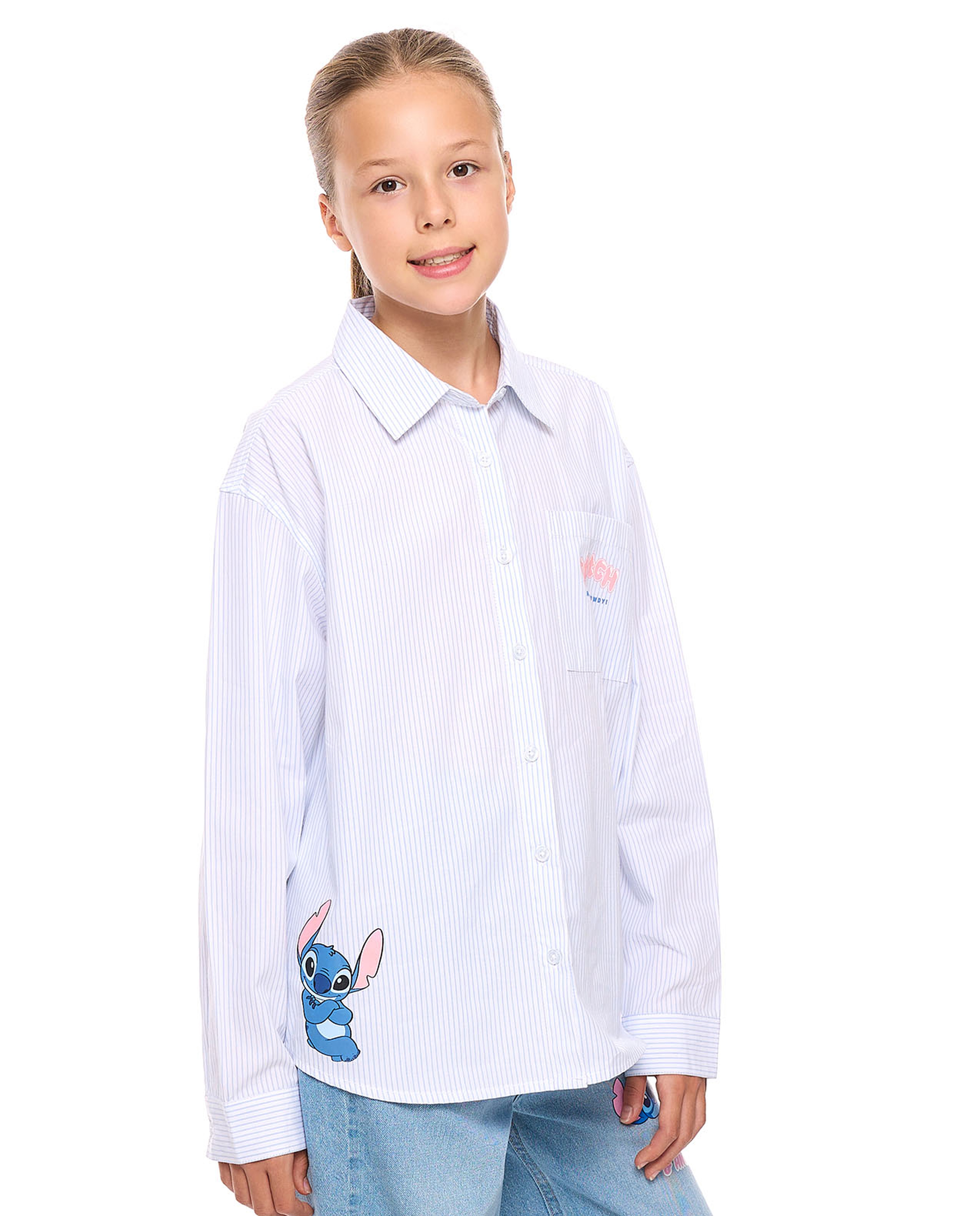 Stitch Printed Tunic Shirt with Classic Collar and Long Sleeves