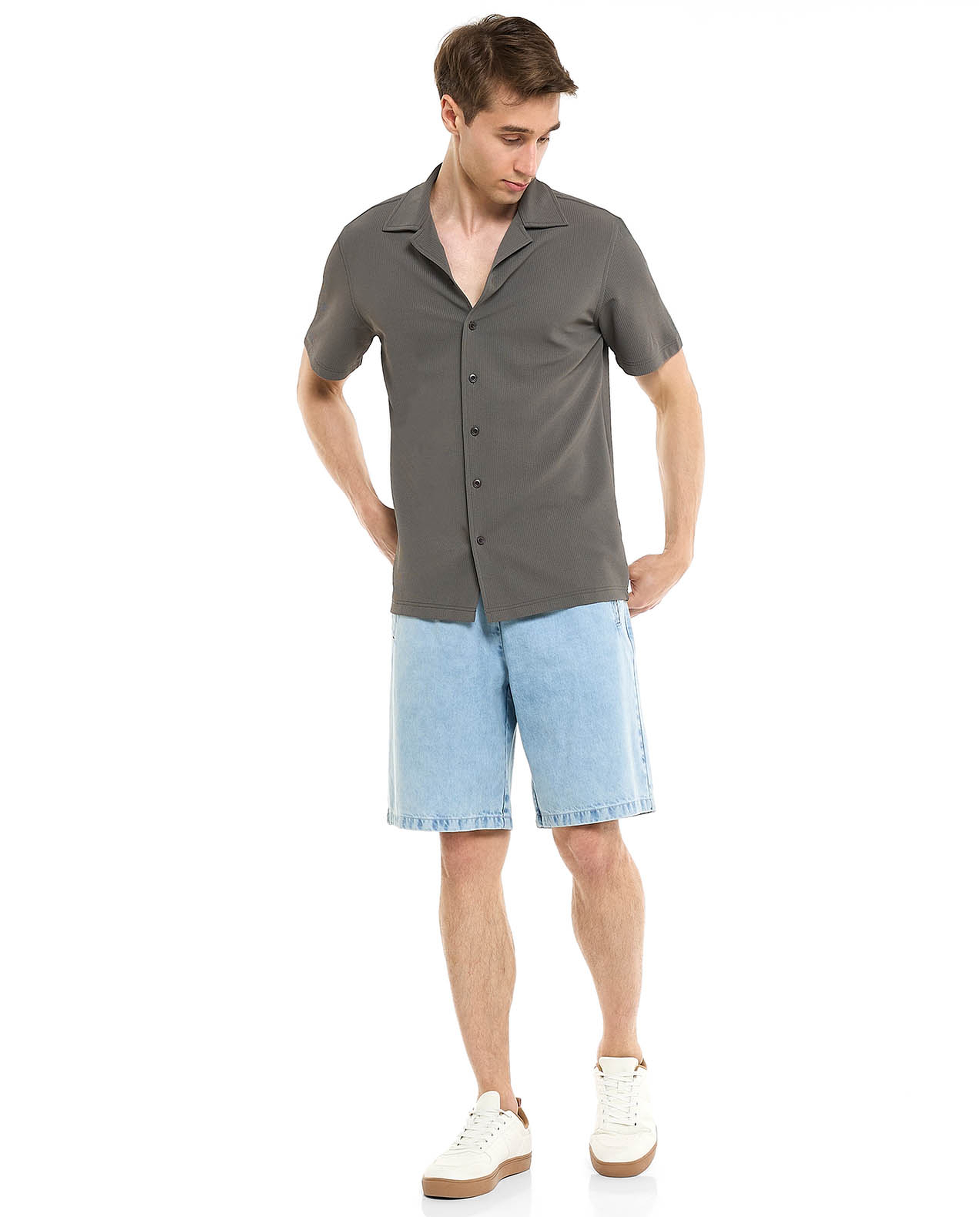 Washed Denim Shorts with Elastic Waist