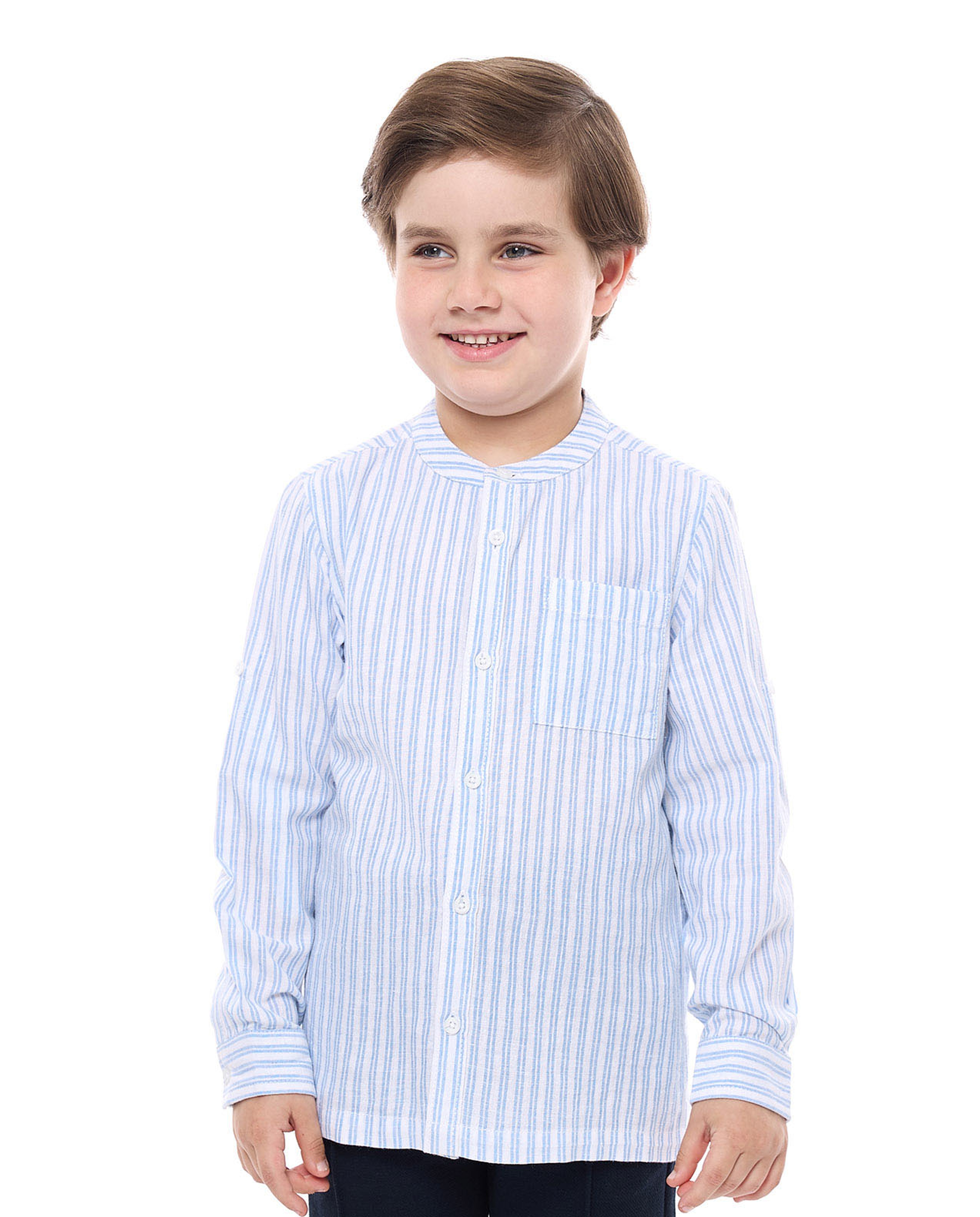Striped Shirt with Mandarin Collar and Long Sleeves