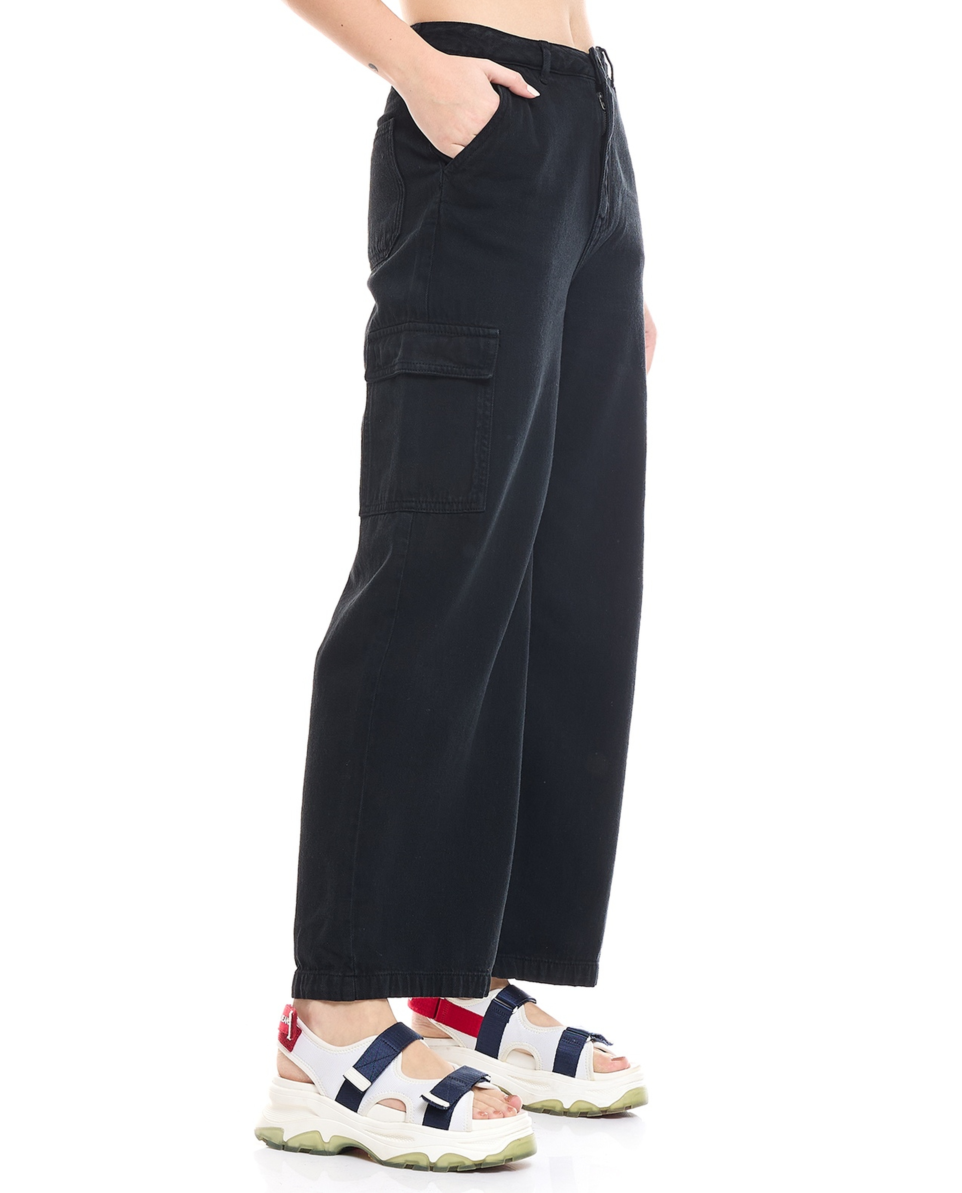 Solid Cargo Wide Leg Jeans with Button Closure