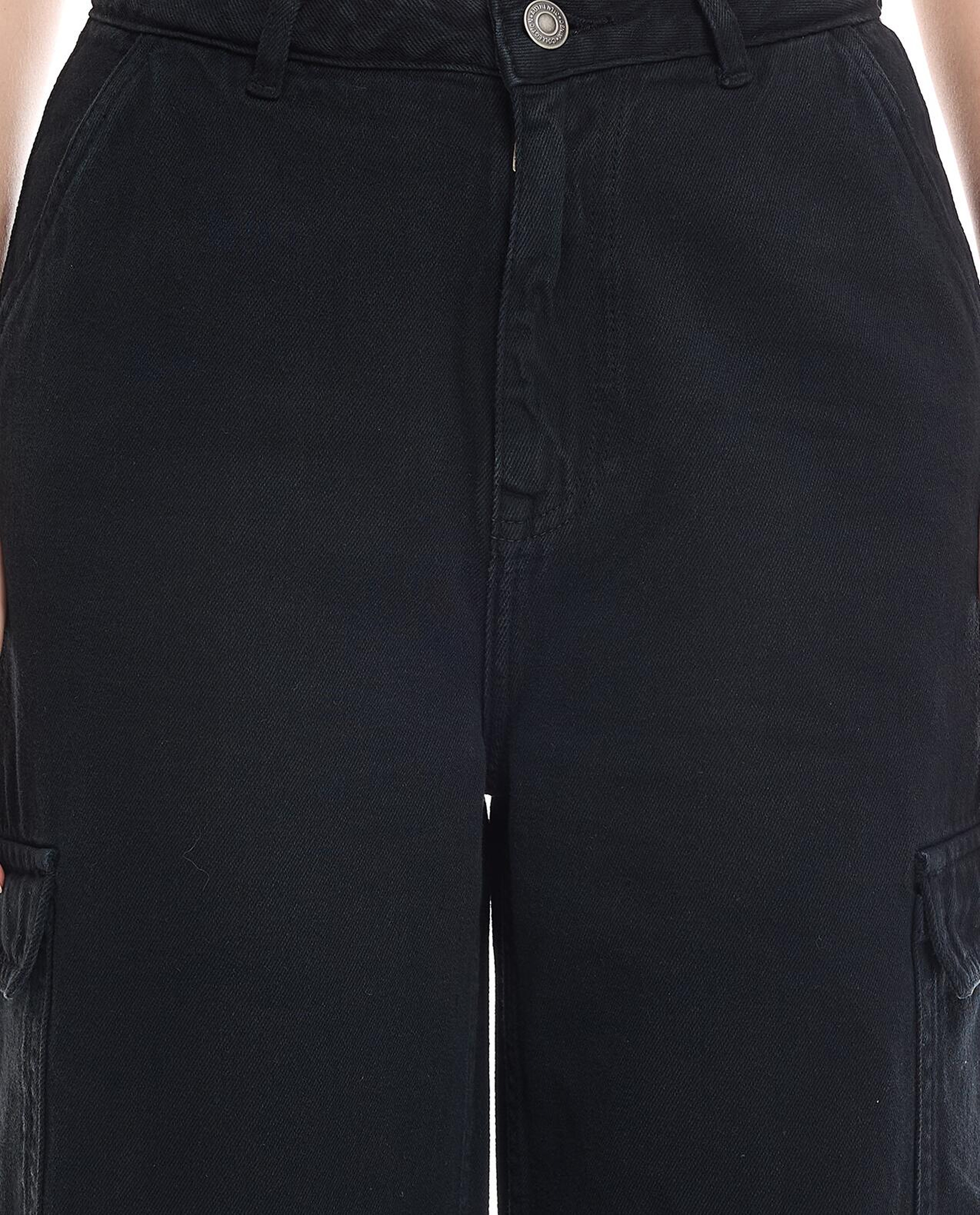 Solid Cargo Wide Leg Jeans with Button Closure