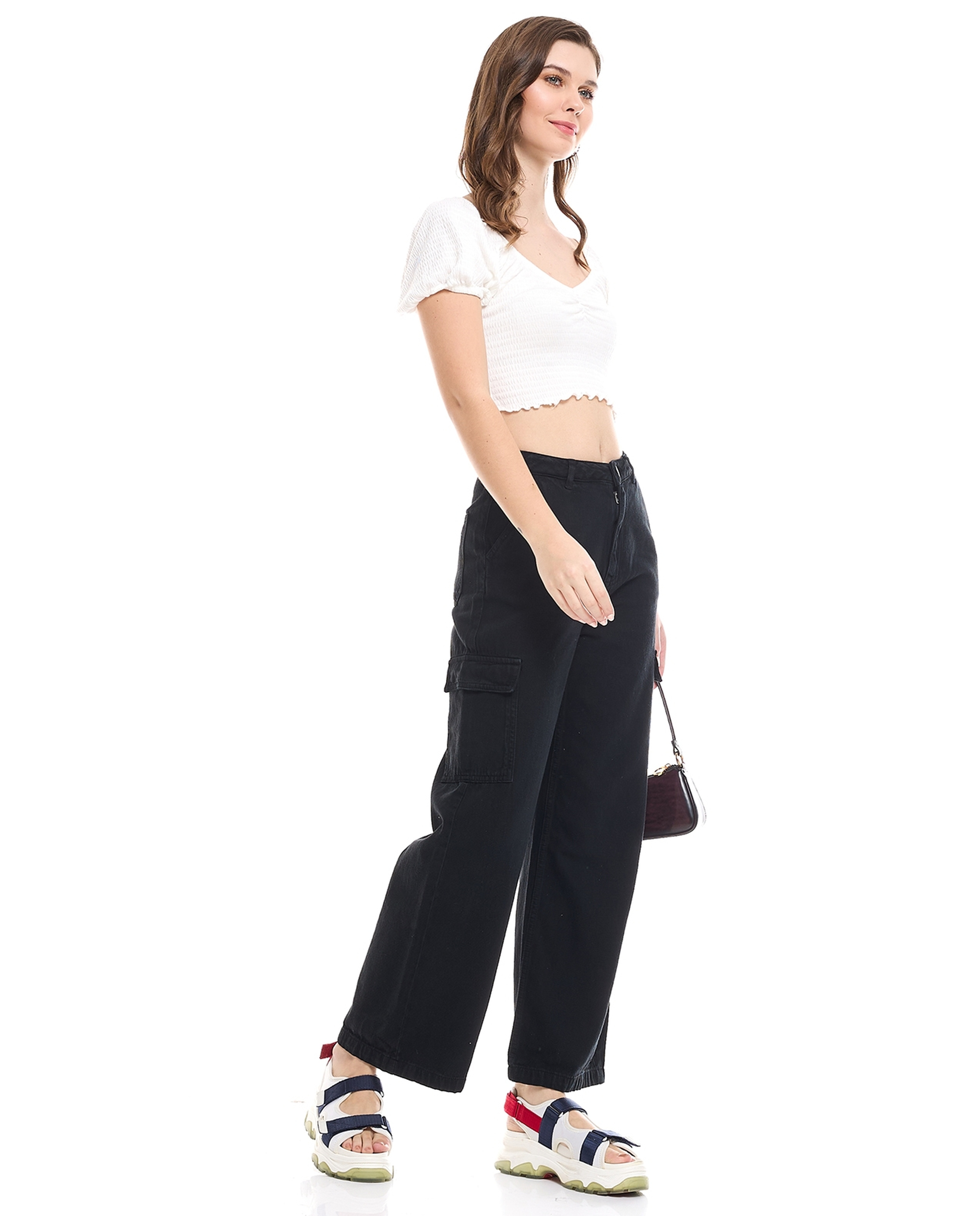 Solid Cargo Wide Leg Jeans with Button Closure