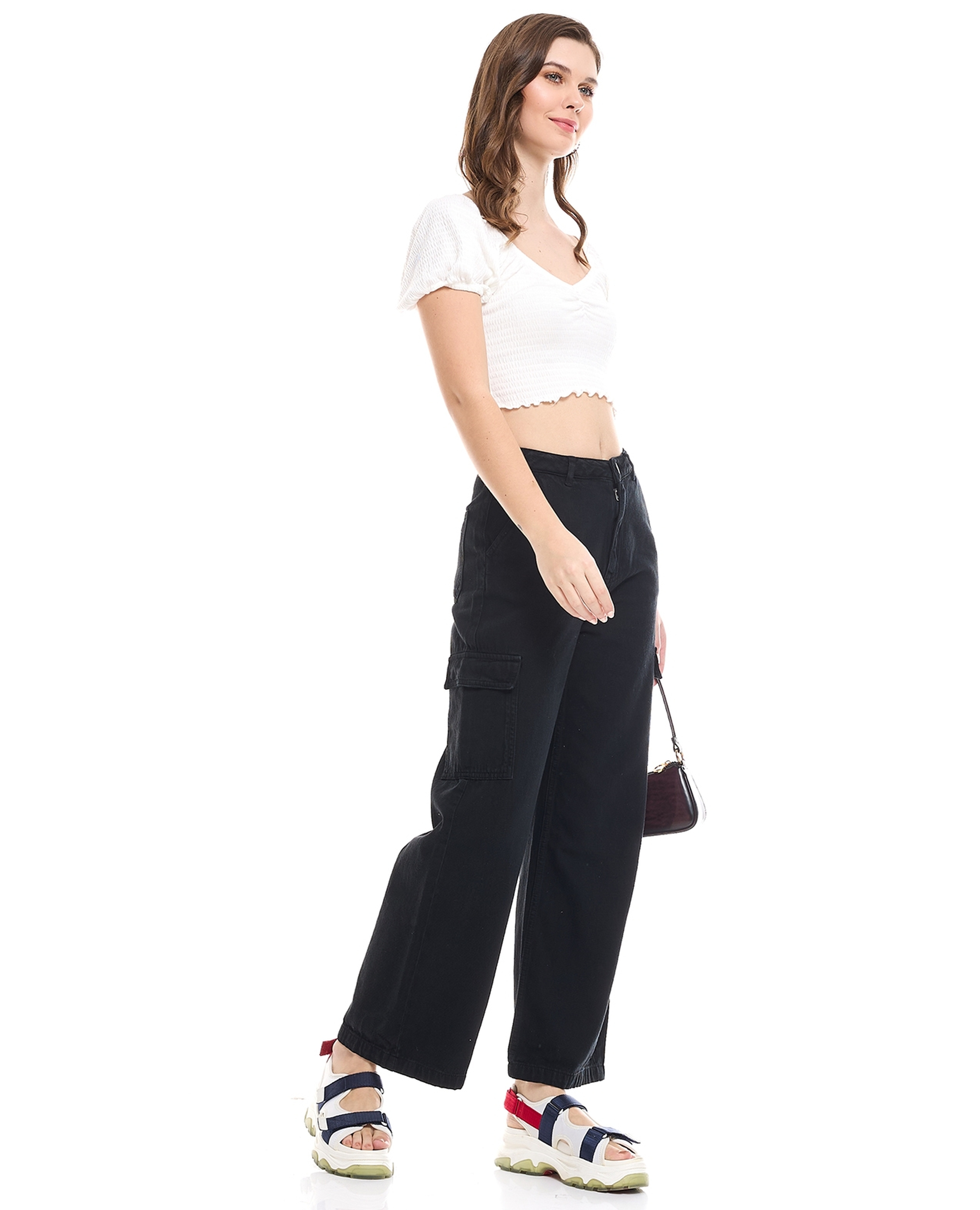Solid Cargo Wide Leg Jeans with Button Closure
