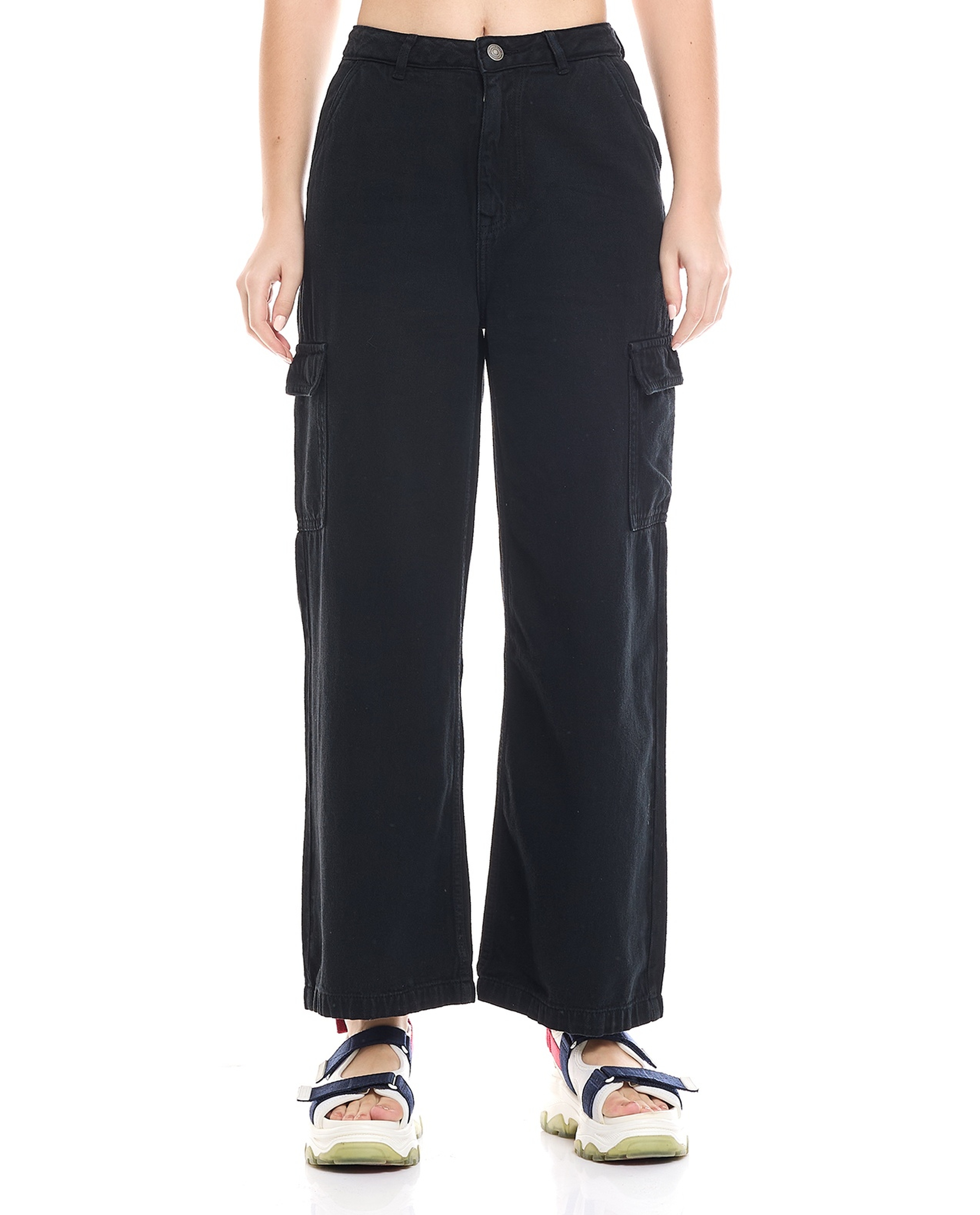 Solid Cargo Wide Leg Jeans with Button Closure