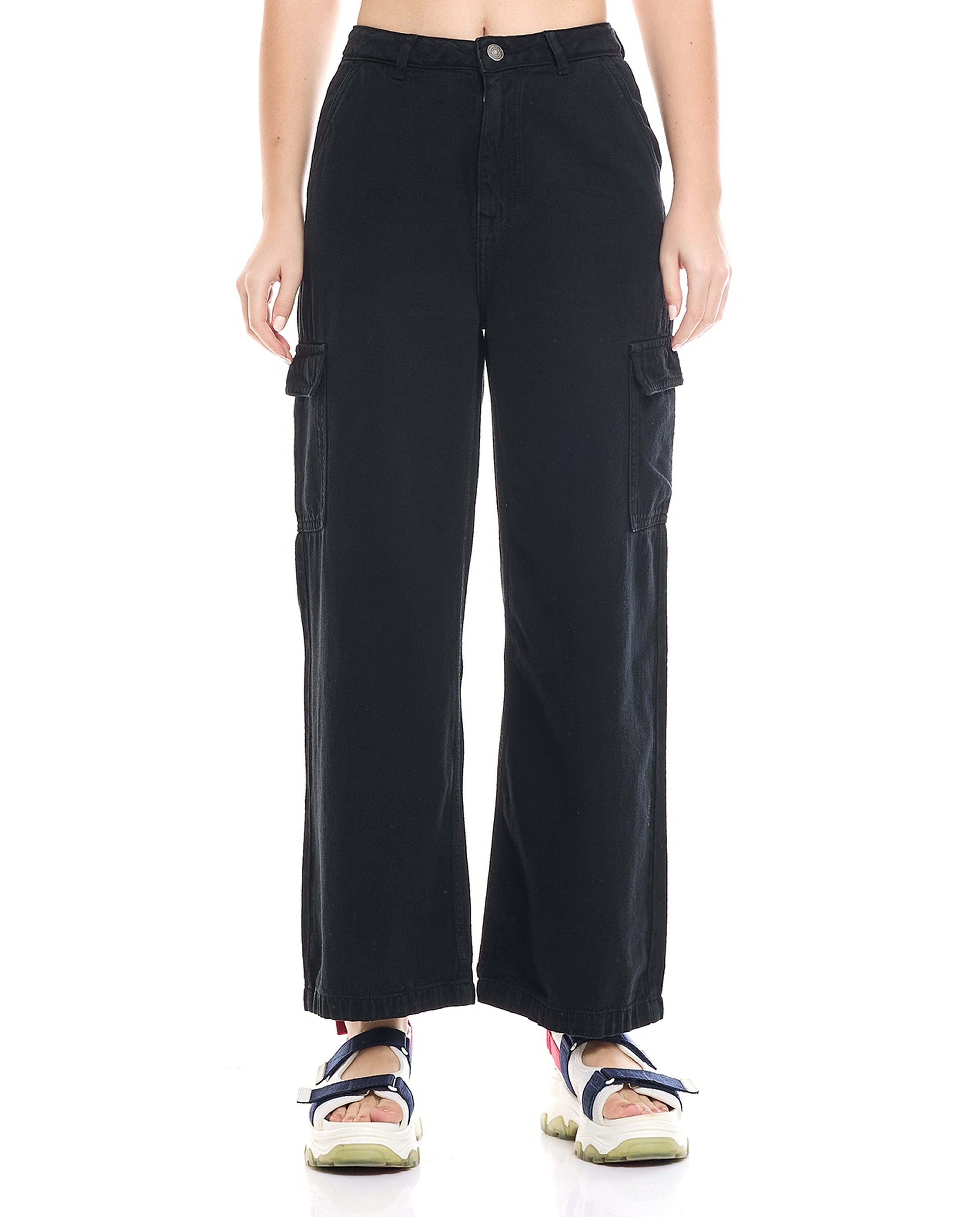 Solid Cargo Wide Leg Jeans with Button Closure