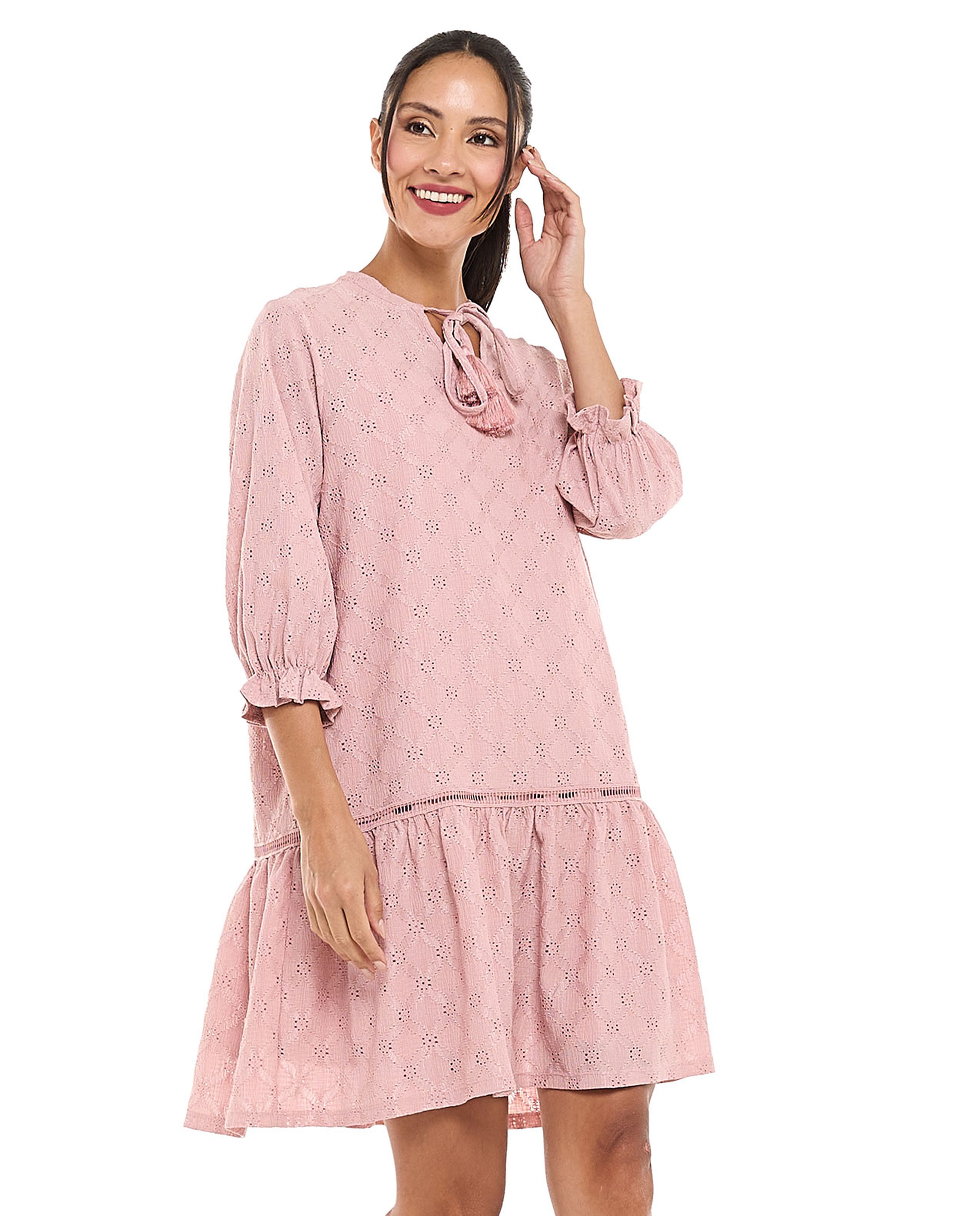 Schiffli Mini Dress with Tie-Up Neck and 3/4 Sleeves